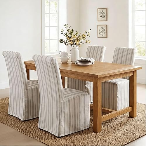 Miniatura 3 de Parsons Juego de 2 sillas de comedor tapizadas de tela de lino con falda extraíble, sillas laterales de respaldo alto con patas de madera maciza