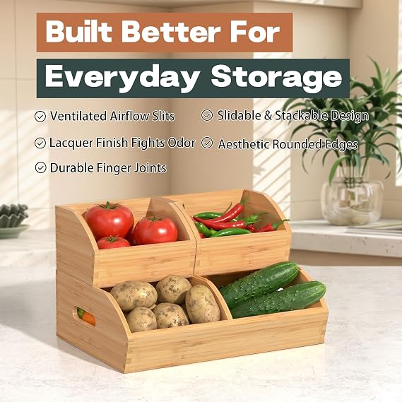 Potato and Onion Storage Bin, Stackable Pantry Organizers for Kitchen Countertop, Ventilated Bamboo Storage Baskets with Handles, Multipurpose Organization Containers for Fruit, Vegetable, 3 Pack