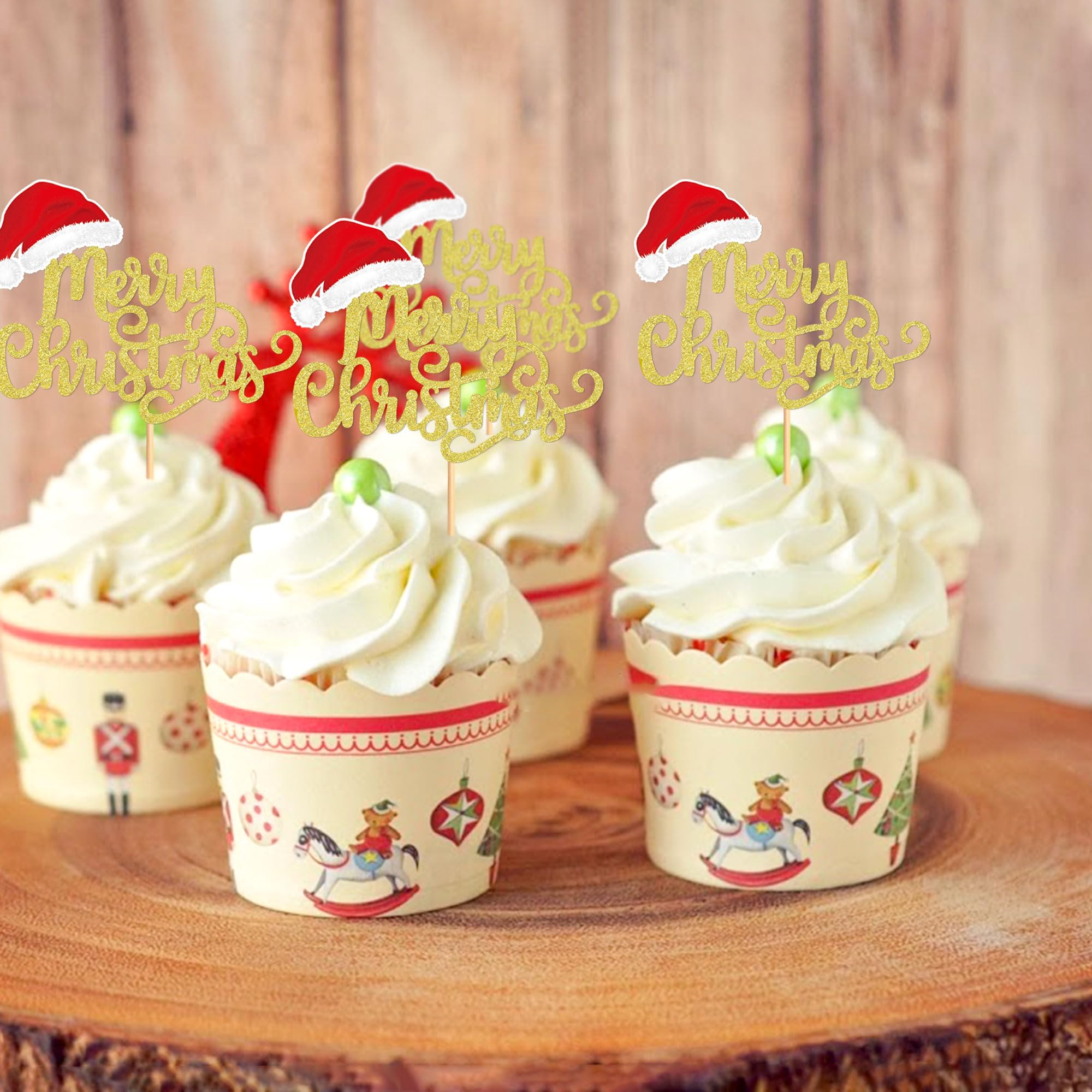 Blumomon 24Pcs Christmas Cupcake Toppers - Gold Glitter Merry Christmas Cake Toppers Toothpick Flags for Cake Decorations and Parties - Image 4