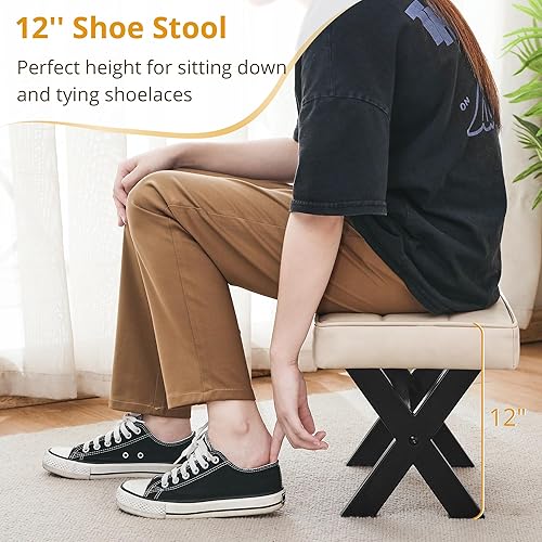 Miniatura 5 de LUE BONA Taburete otomano, 12" H, piel sintética, reposapiés acolchado, duradero, multifuncional, antideslizante, fácil montaje, almendra