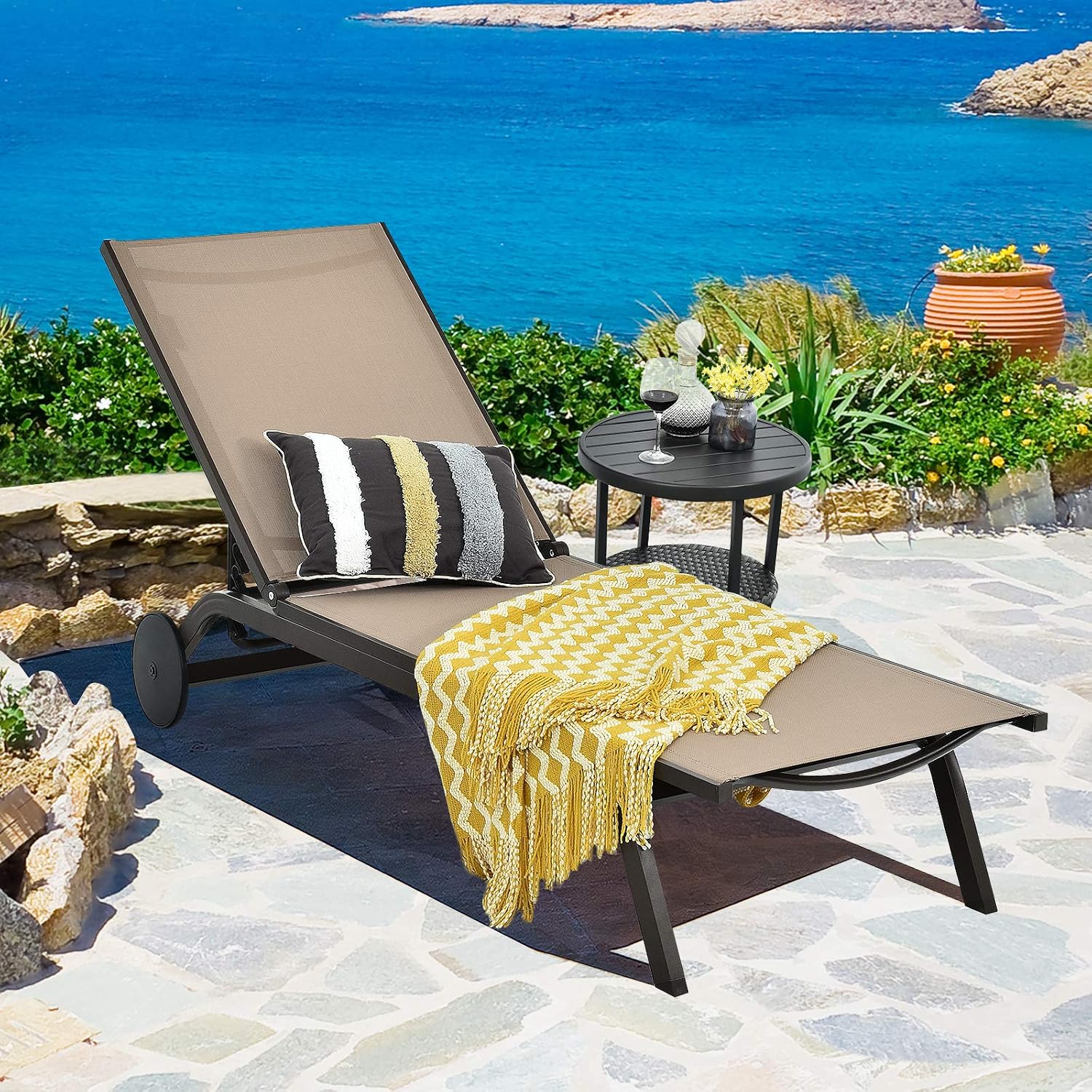 DORTALA Set of 2 Outdoor Aluminum Chaise Lounge, Patio Lounge Recliner Chair w/Adjustable Backrest and Wheels for Beach, Yard, Balcony, Poolside, Brown
