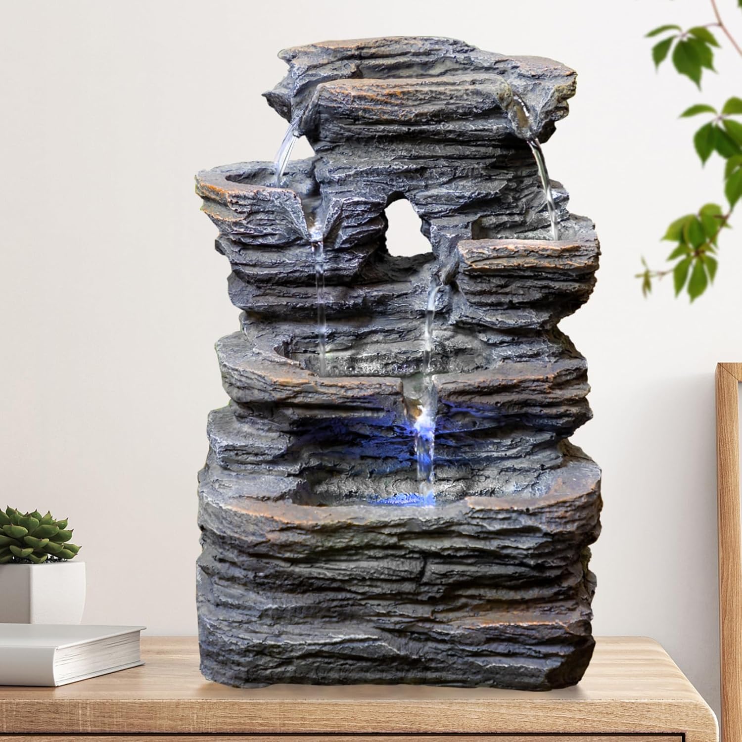 Product image of Ferrisland 5-Tier Cascading Tabletop Fountain with LED Lights - Indoor Water Fountain Decor Tabletop Small Relaxation Waterfall Feature Dark Gray