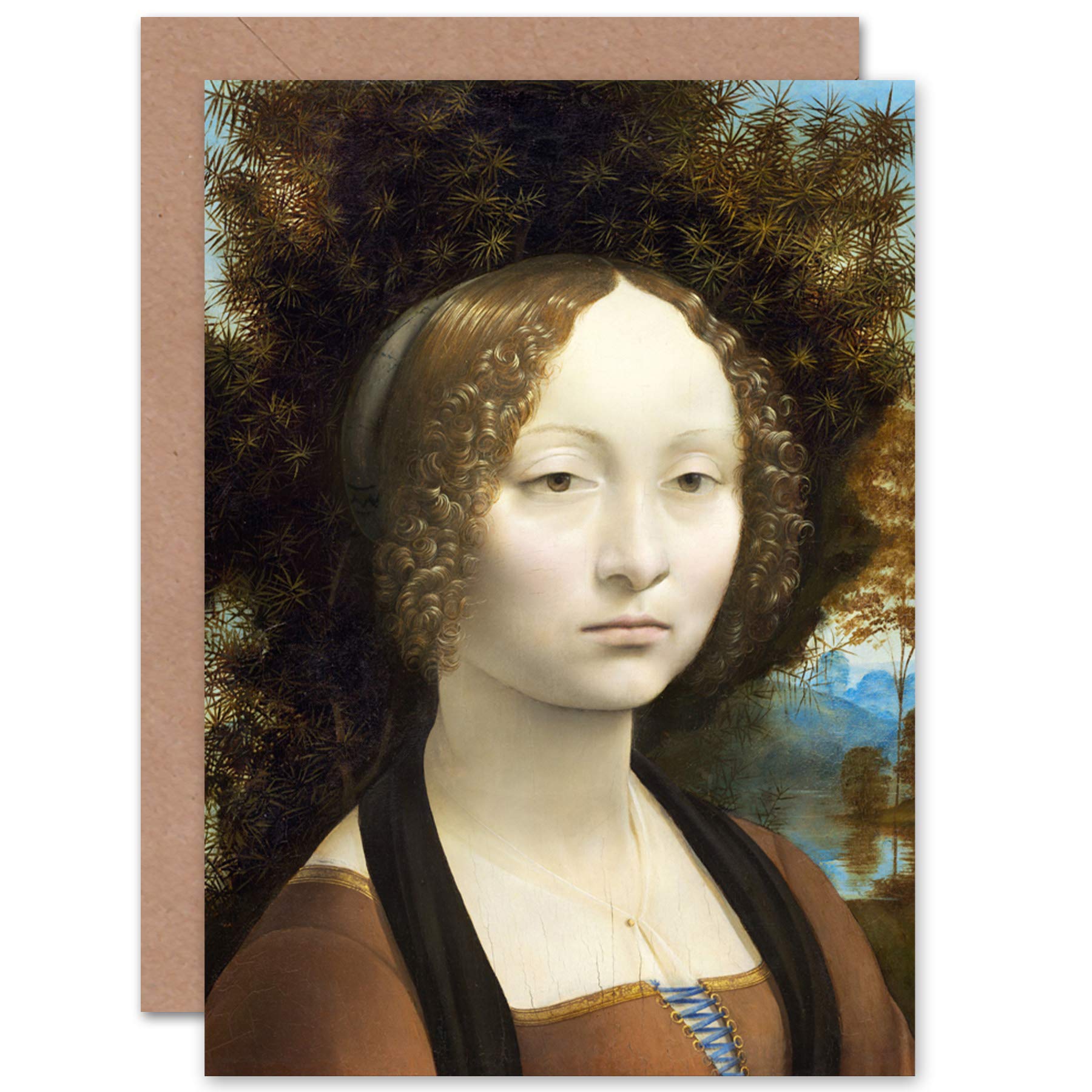 Artery8 Da Vinci Ginevra De Benci Portrait Painting Fine Art Greeting Card Plus Envelope Blank Inside