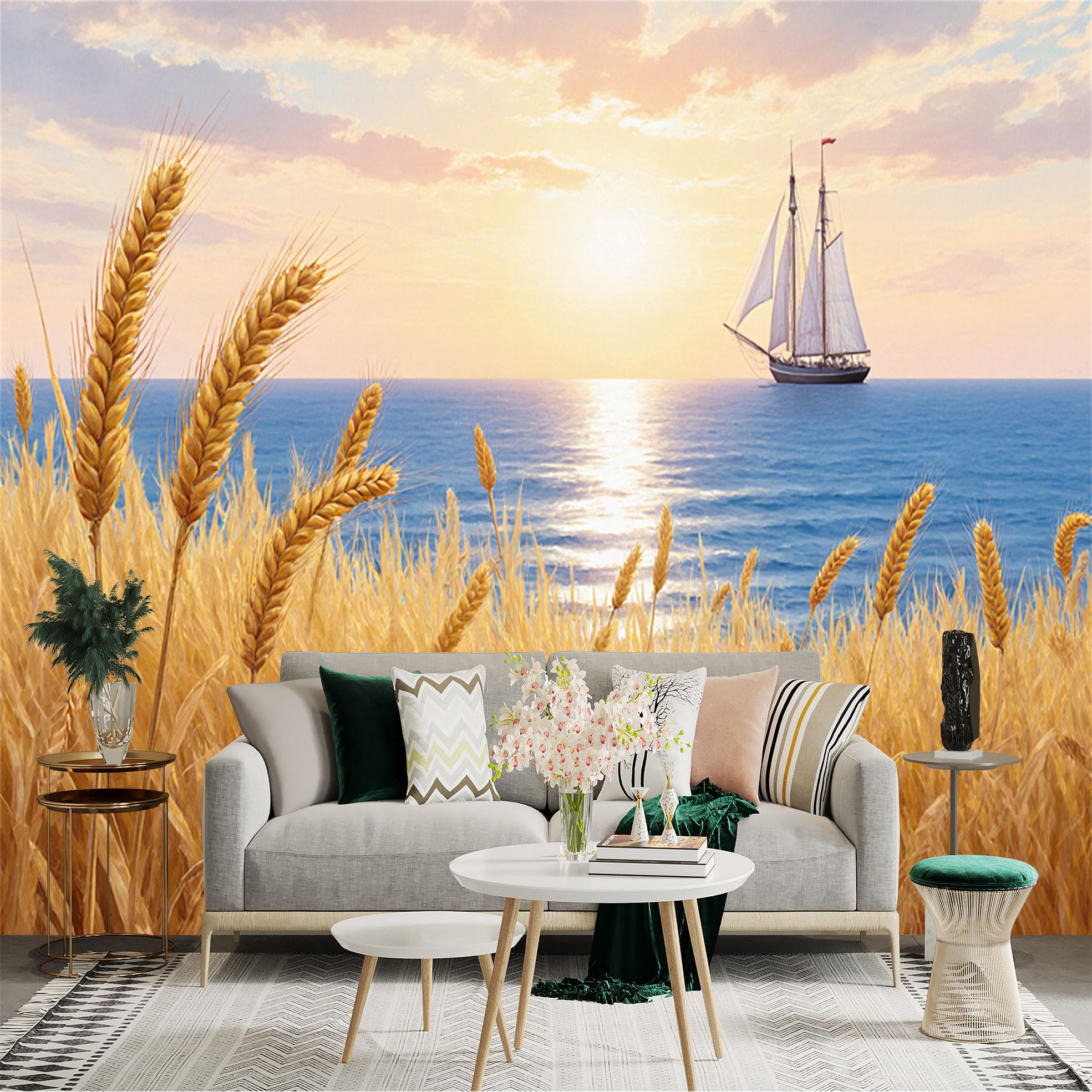 Custom Size Wall Sticker Mural， Golden Wheat Field at Sunset， Sailing Ship on Calm Ocean， Coastal Scenery， Peaceful Nature View， for wall Decoration， peelandstick wall Decals.