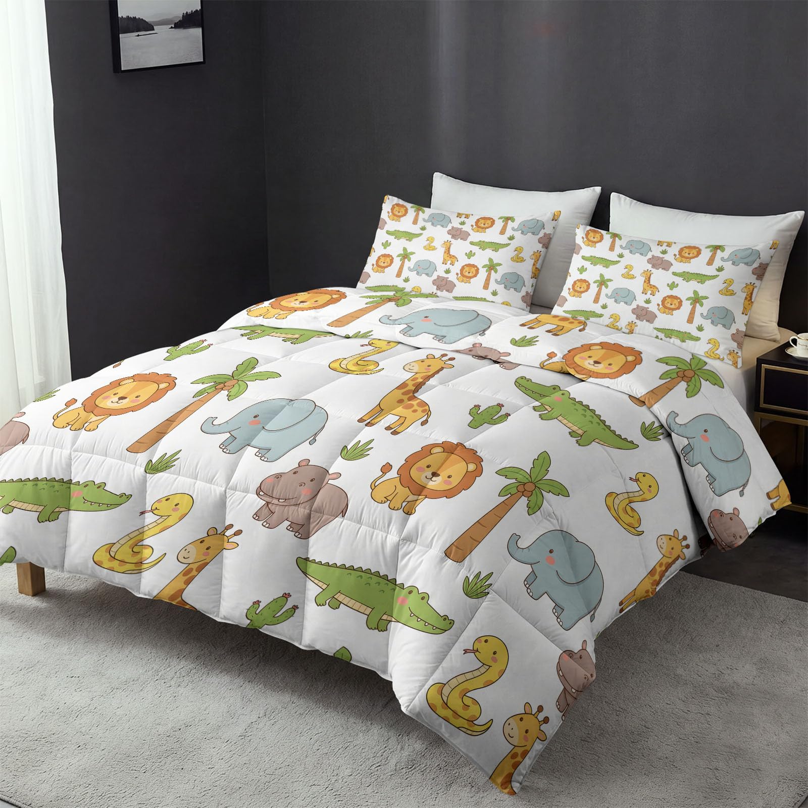 Lindo edredón de la selva para las 4 estaciones, 200 x 200 cm, suave y lavable, transpirable, edredón sin funda con dibujos animados de animales del bosque, león, elefante, reversible, crema de verano