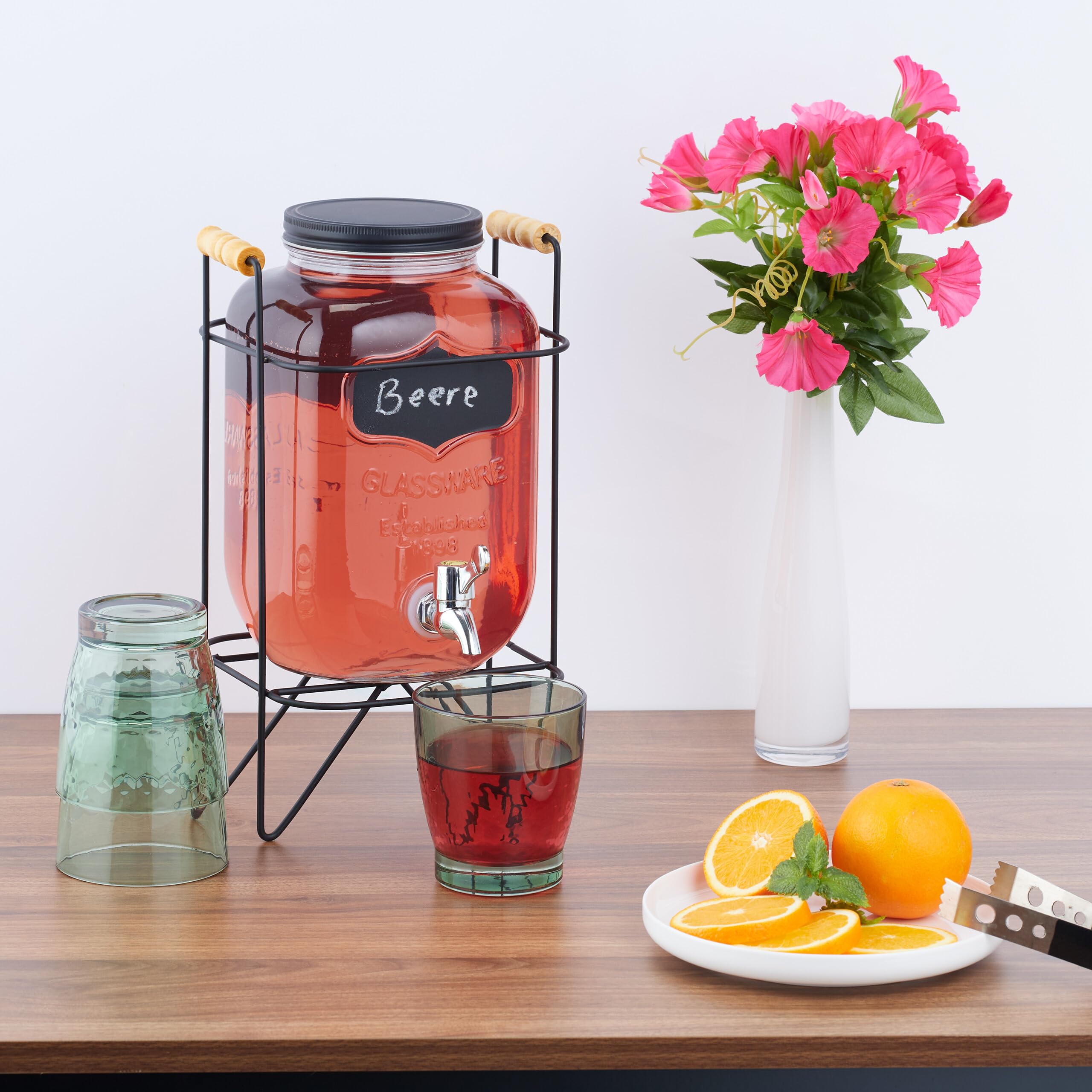 Relaxdays Dispensador Bebidas con Soporte, Recipiente Limonada 4 L, Grifo de Hierro y Tapa, Cristal, Transparente/Negro