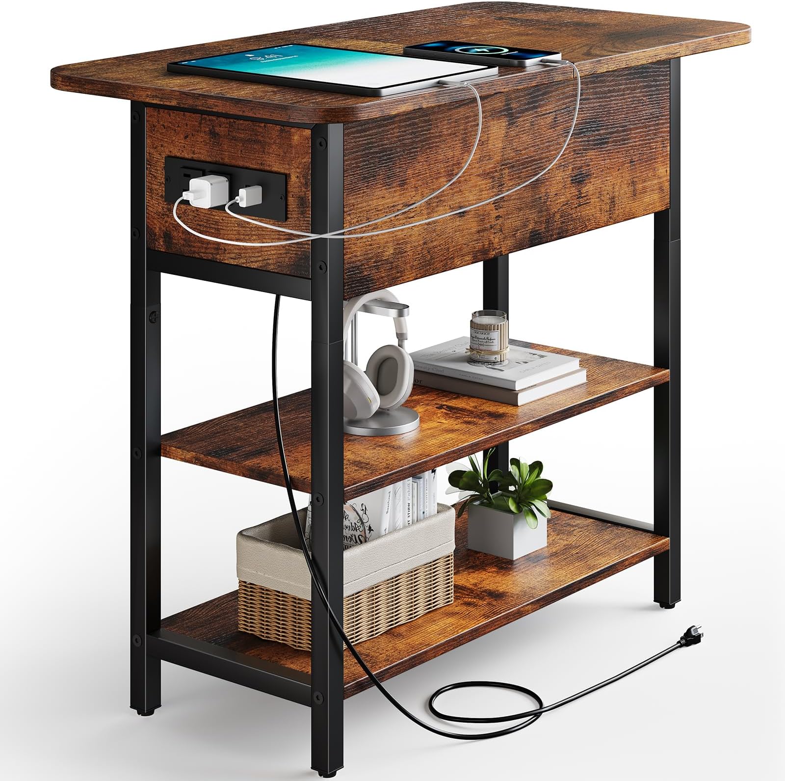 Yoobure End Table with Charging Station, Flip Top Side Table with USB Ports and Outlets, Narrow Nightstand with Storage Shelves for Small Space, Berry Brown, 23.6" x 11.8" x 23.8"