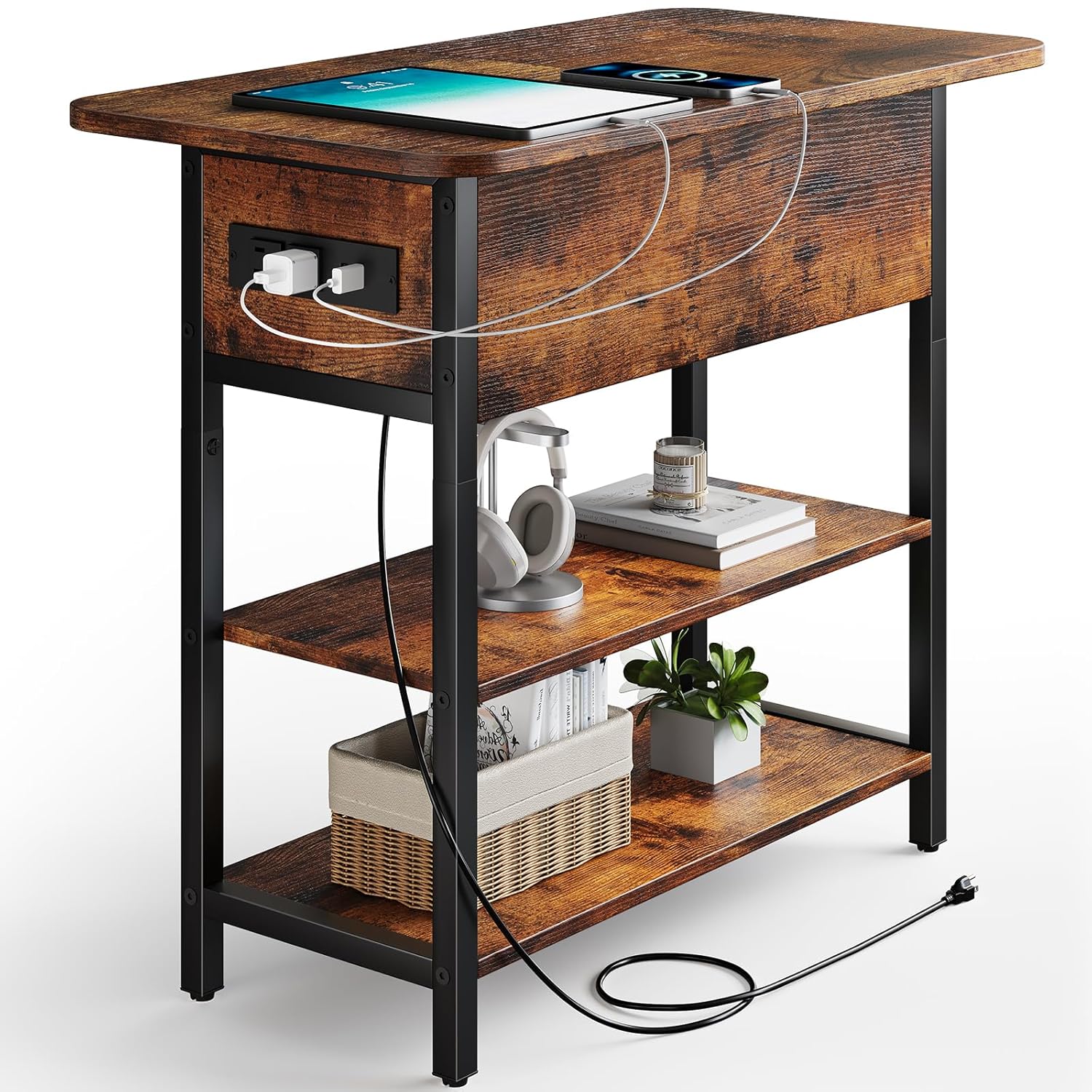 Yoobure End Table with Charging Station Flip Top Side Table with USB Ports and Outlets Sofa Couch Table