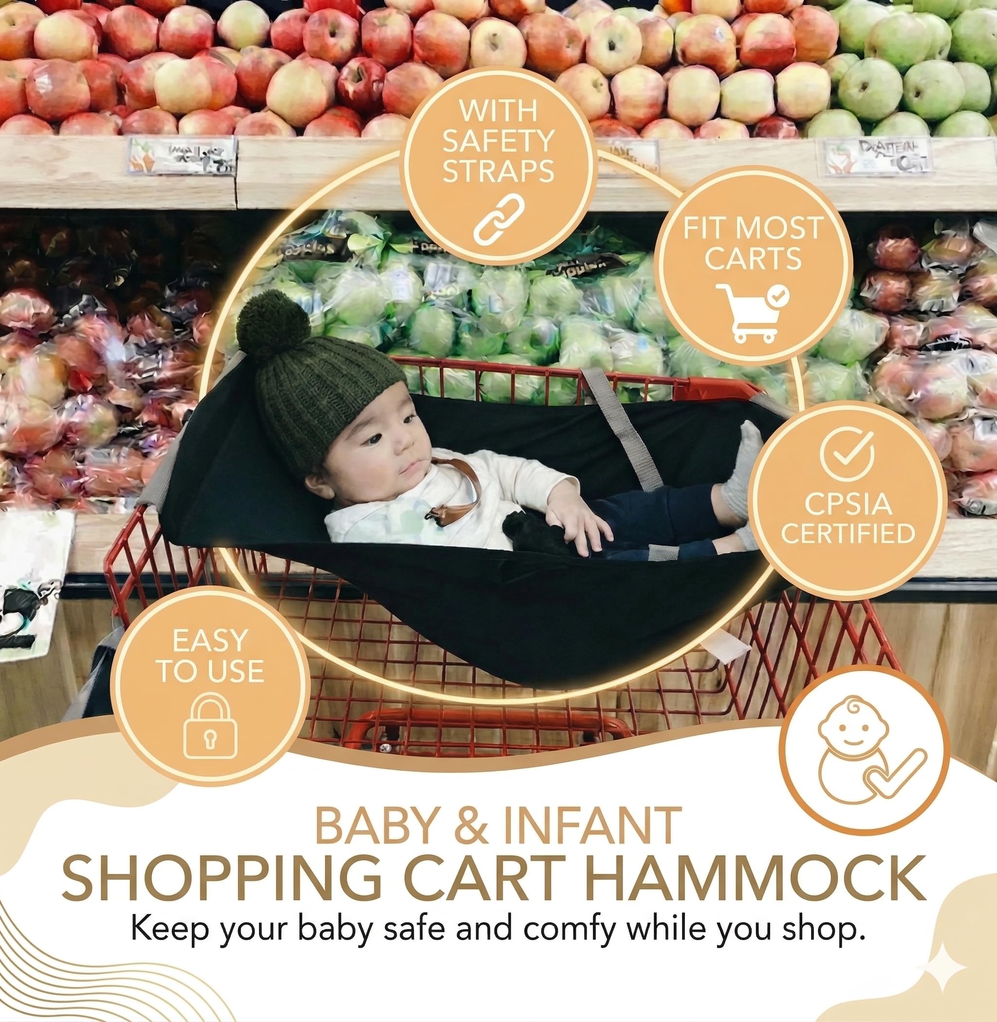 Baby Shopping Cart Hammock Infant Seat for Grocery Carts Fits Most Infant Car Seats Fits Standard Shopping Carts & Select Stroller Wagons 2024 Wide Supports Up to 50 lbs Black product thumbnail 3