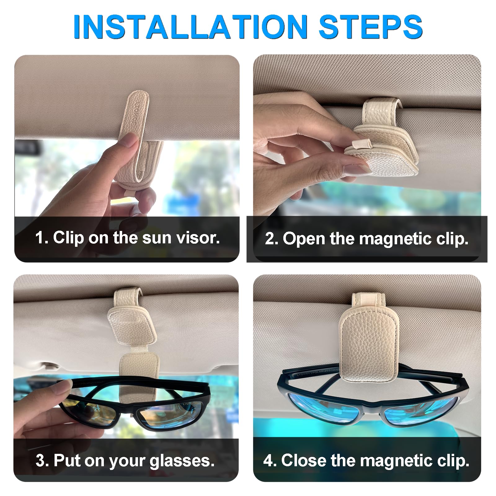 LTOHOE 2 Stück Sonnenbrillenhalter für Auto, magnetischer Leder-Sonnenbrillenhalter und Ticketkartenclip, universell für verschiedene Brillengrößen, Autovisierzubehör (beige)