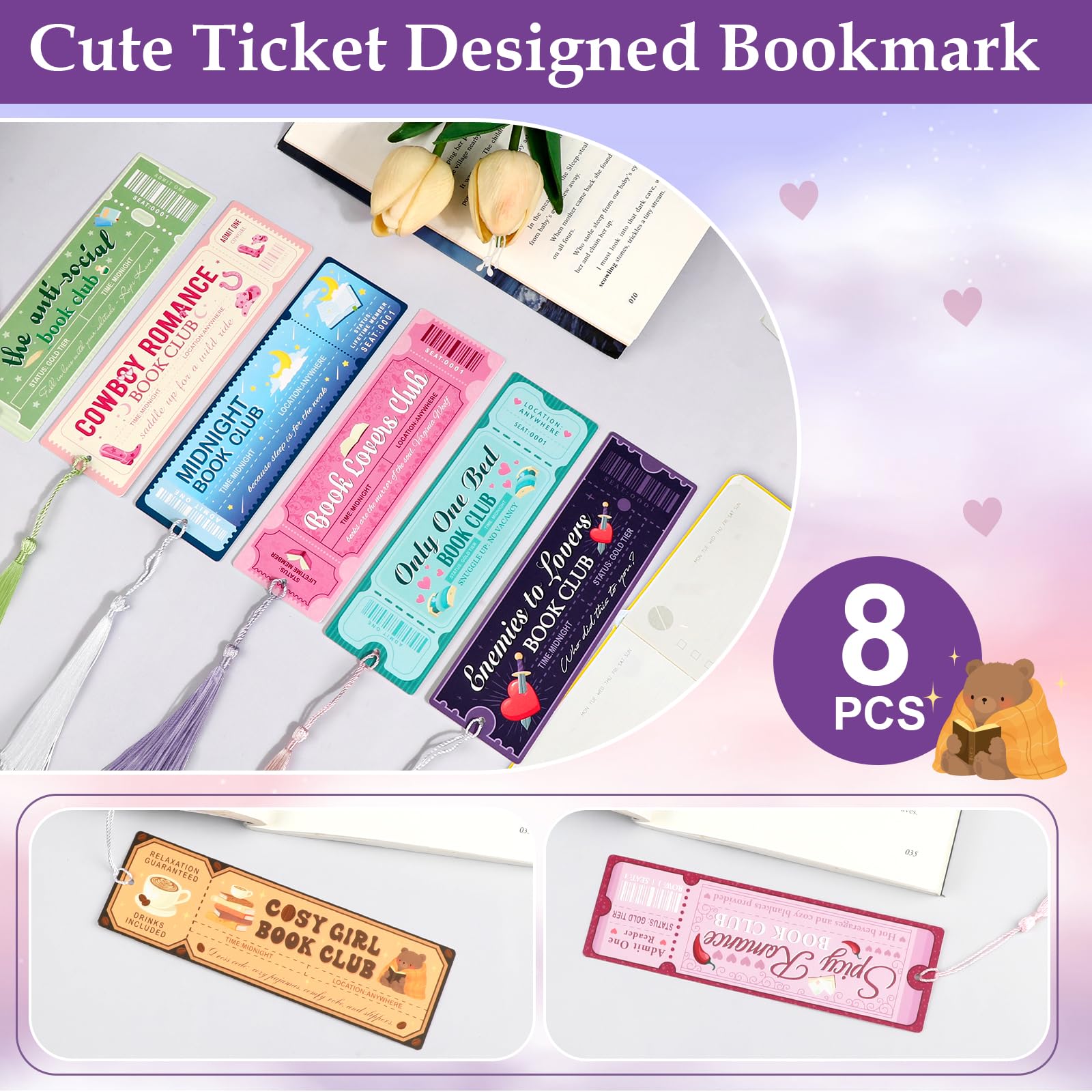 Marque-pages Mignons En Papier - Lot De 8 Motifs Uniques Type Ticket, 16x5 Cm, Pour Livre, Manga, Cadeau