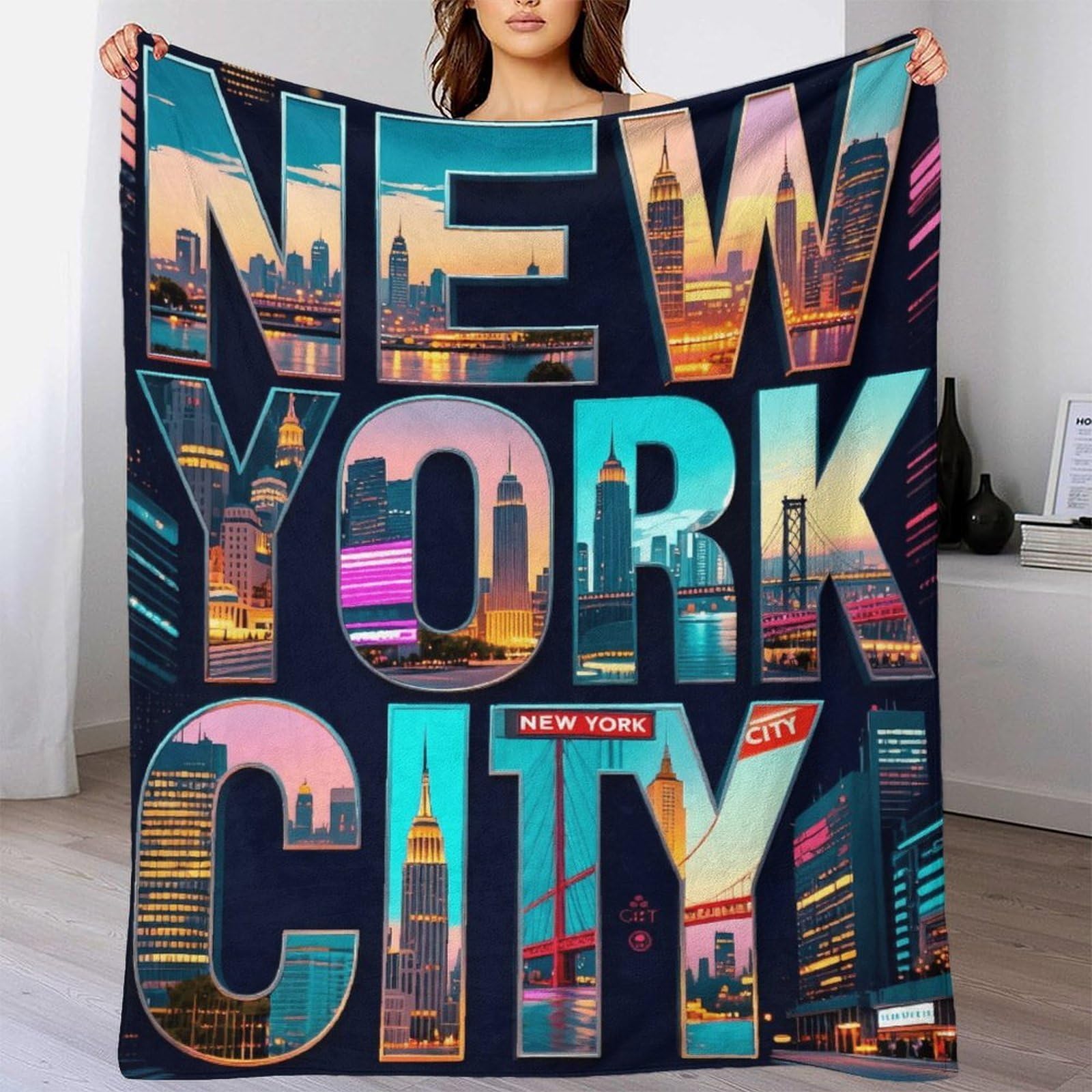 Emyxpaqm Style-8 New York City Fleece Throw Blanket For Couch Sofa Bed All Season Creative Words Pattern Blanket Soft Cozy Warm Flannel Gifts For Wedding Anniversary 50X60inch(127X152cm)