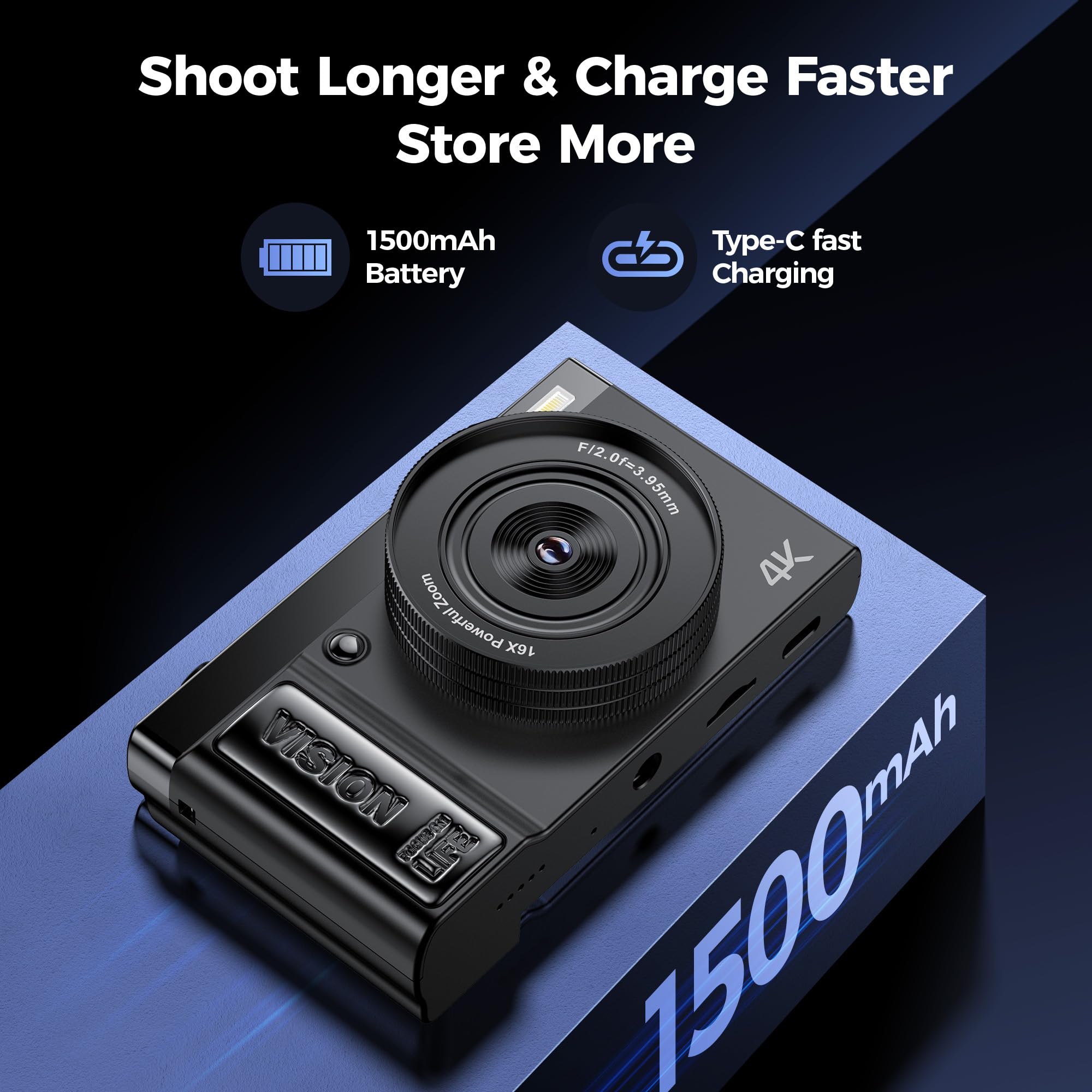 Digitalkamera 4K 64MP Kamera Fotokamera: Digital Kamera für Vlog - Vintage Fotokamera Kinder - Digital Camera - Geschenke für Teenager Junge Mädchen 10-18 Jahre - 180° Klapp-Bildschirm