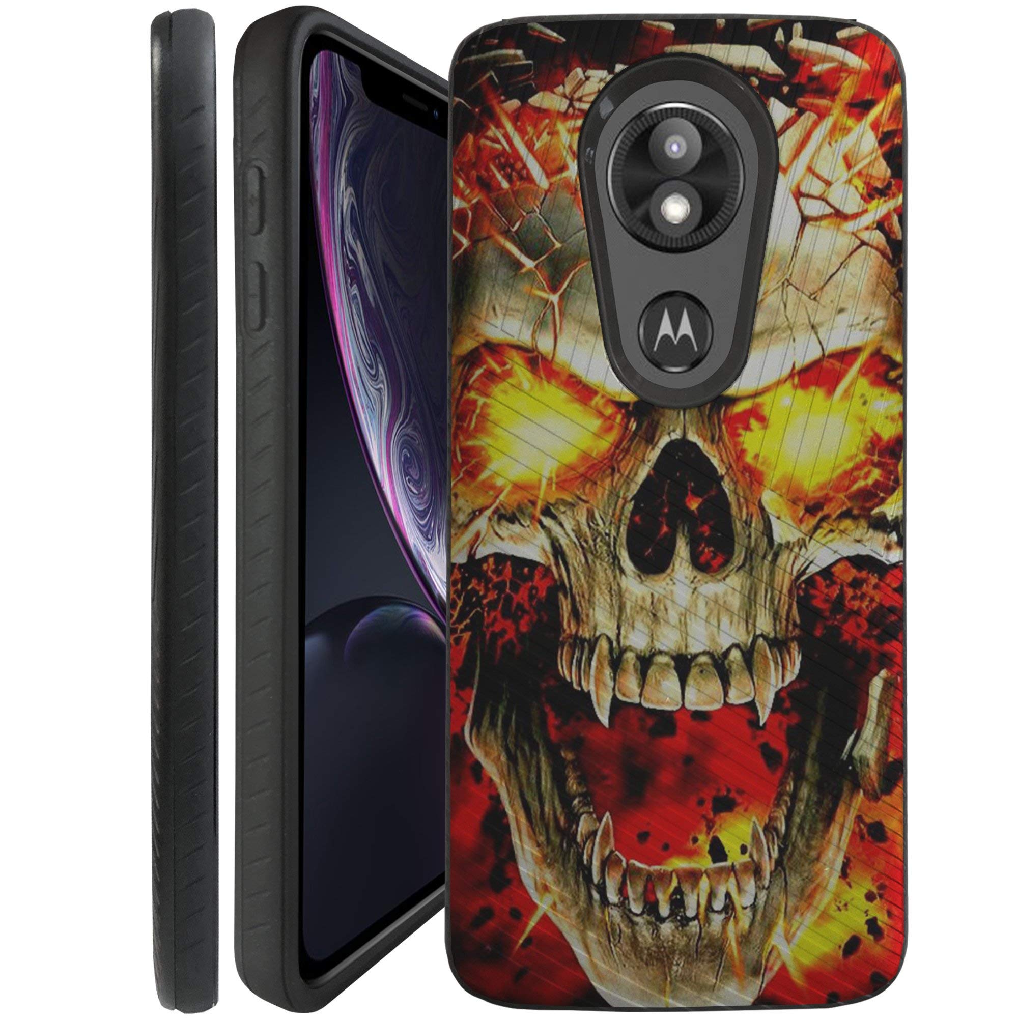 CasesOnDeck Case for Motorola Moto E5 Plus/Moto E5 Supra - Slim Fitted Hybrid Fusion Embossed Dual Layer Cover (Fire Skull)