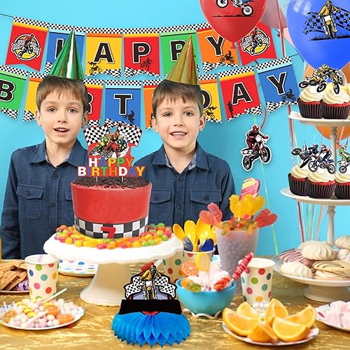 Miniatura 5 de Dirt Bike Birthday Party Decorations for Boys, 61PCS Motorcycle Birthday Party Supplies Includes Banner, Cake Toppers, Hanging Decorations,