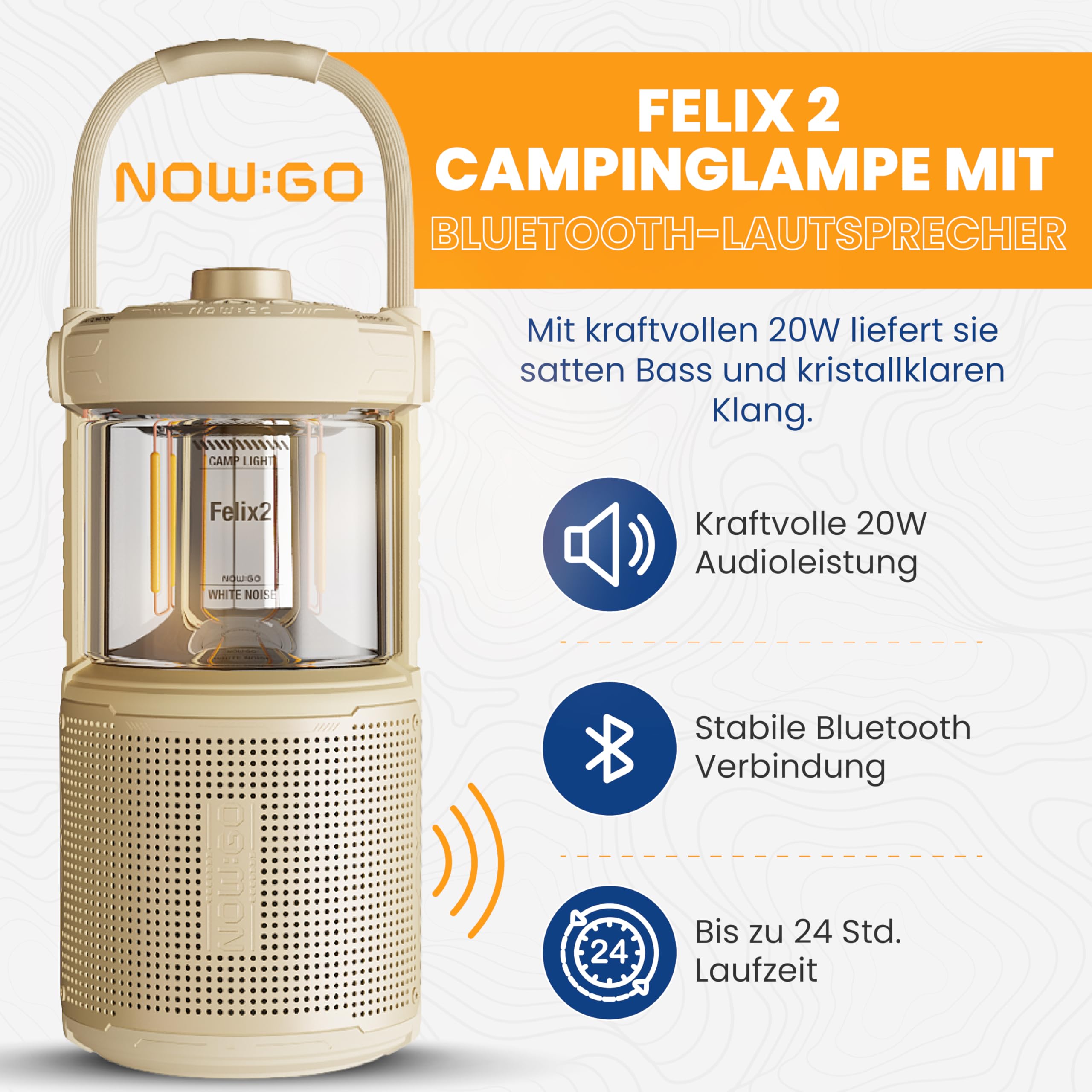 Felix 2 Campinglampe LED mit Bluetooth Lautsprecher – Aufladbar, 360° Licht, 20W Sound, IPX7 Wasserdicht, 24h Akku, USB, Outdoor Musik, Camping Laterne für Zelt, Sandgelb