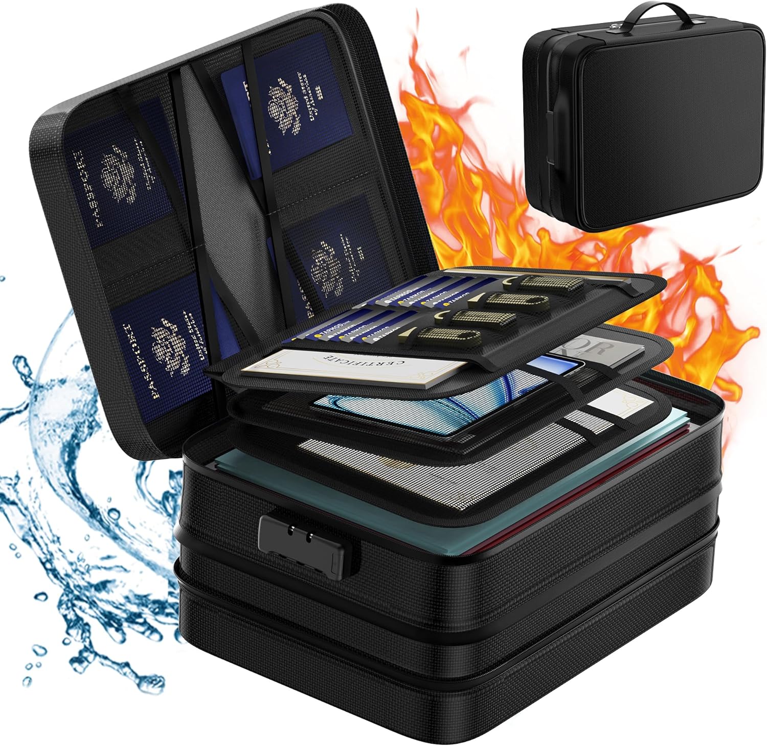 Fireproof Document Bag with lock, Expandable Capacity Document Organizer with Zipper Protection, Fireproof ? Waterproof Box for File Storage, Portable Home Travel for Important Documents, Soft Bag Black XL-Large