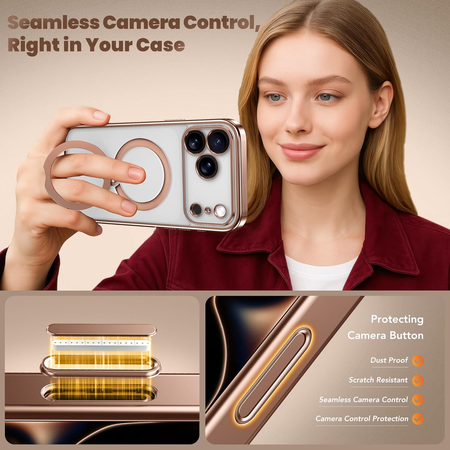 GolbinBox for iPhone 17 Pro Max Case with 360° Spin Magnetic Stand,[Compatible with Magsafe] [Military Protection][Built-in Ring Holder] Camera Control Phone Case for 17 Pro Max,Rose Gold/Clear - Image 6