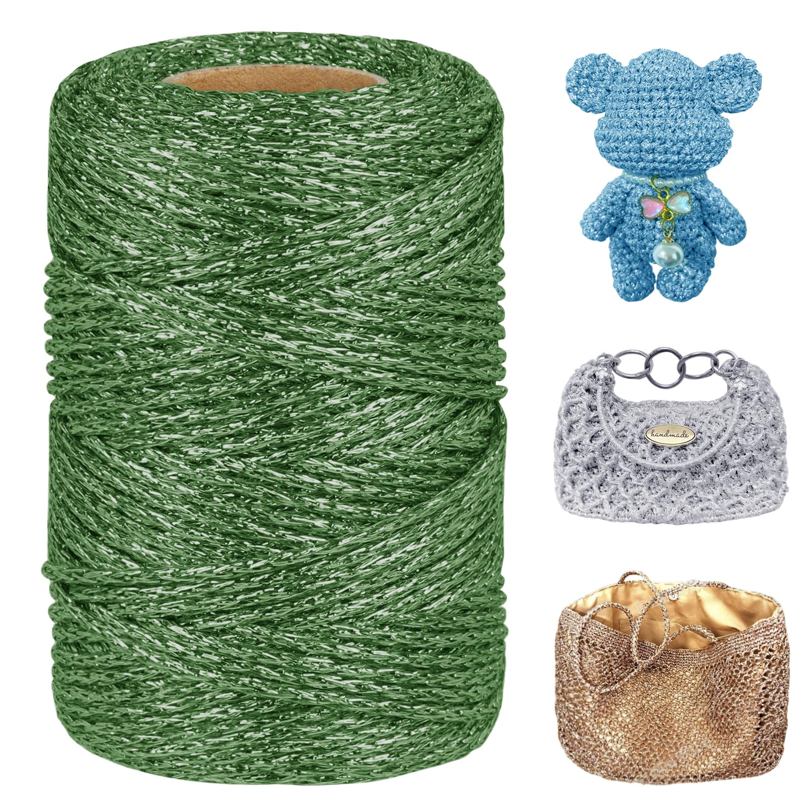 LEREATI Metallic Glitter Yarn 3mm x 109 Yards Polyester Macrame Cord Sparkle Crochet Yarn for Crocheting and Knitting Handbag, Hat, Basket, DIY Crafts (Green)