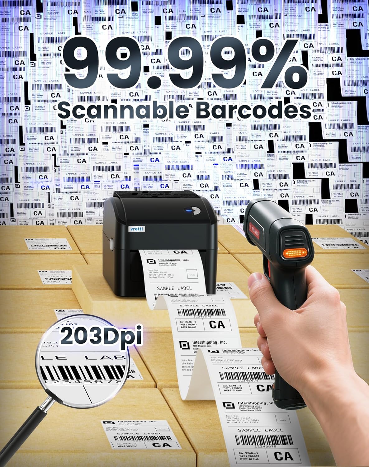 vretti Stampante per etichette Bluetooth, stampante termica DHL 4 x 6, sicurezza di scansione al 99,99%, durata della testina di stampa 3 volte più lunga, senza toner e risparmio del 70%