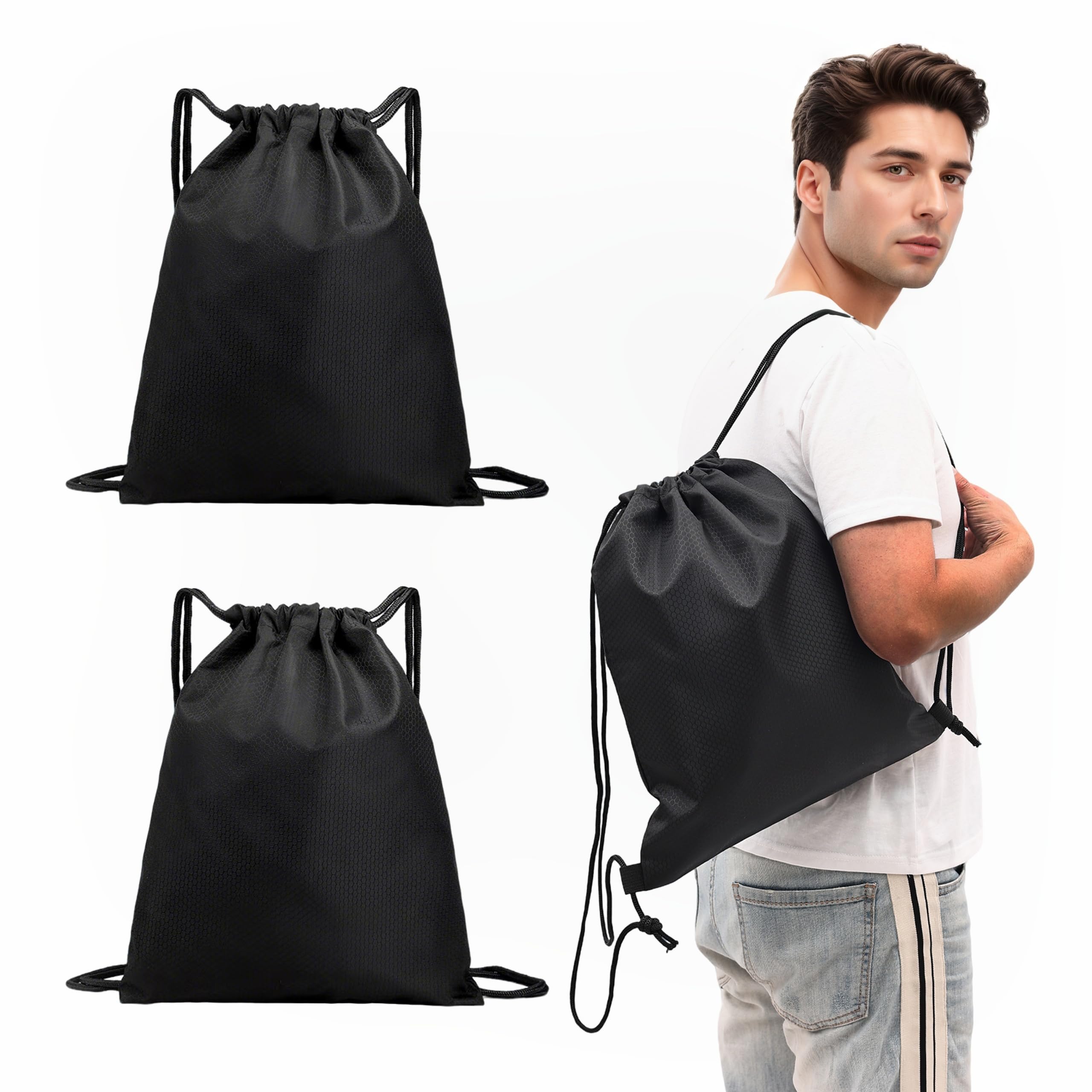 2-Pack Waterproof Drawstring Backpacks, Soccer-Texture Oxford Fabric, 16.9" × 13.8", Lightweight 0.19 lb Each, No Eyelets, Gym &amp; Marathon Gear Sacks(Black)