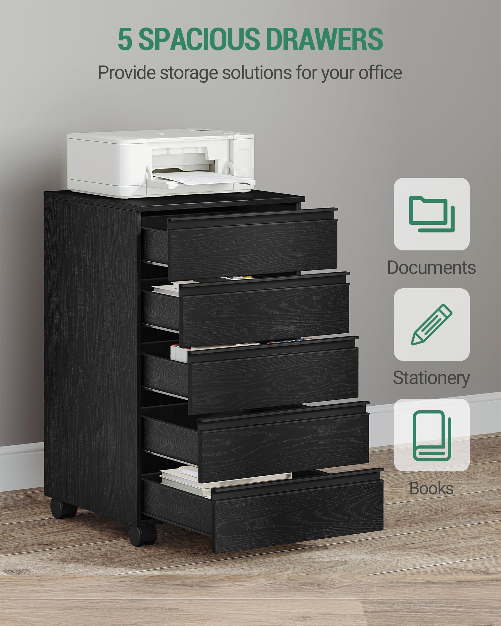 Hzuaneri Caisson de Bureau avec 5 tiroirs, Meuble de Bureau, Casier sur roulettes, Armoire à tiroirs pour télétravail, Noir 40 x 40 x 70 cm FC55504X