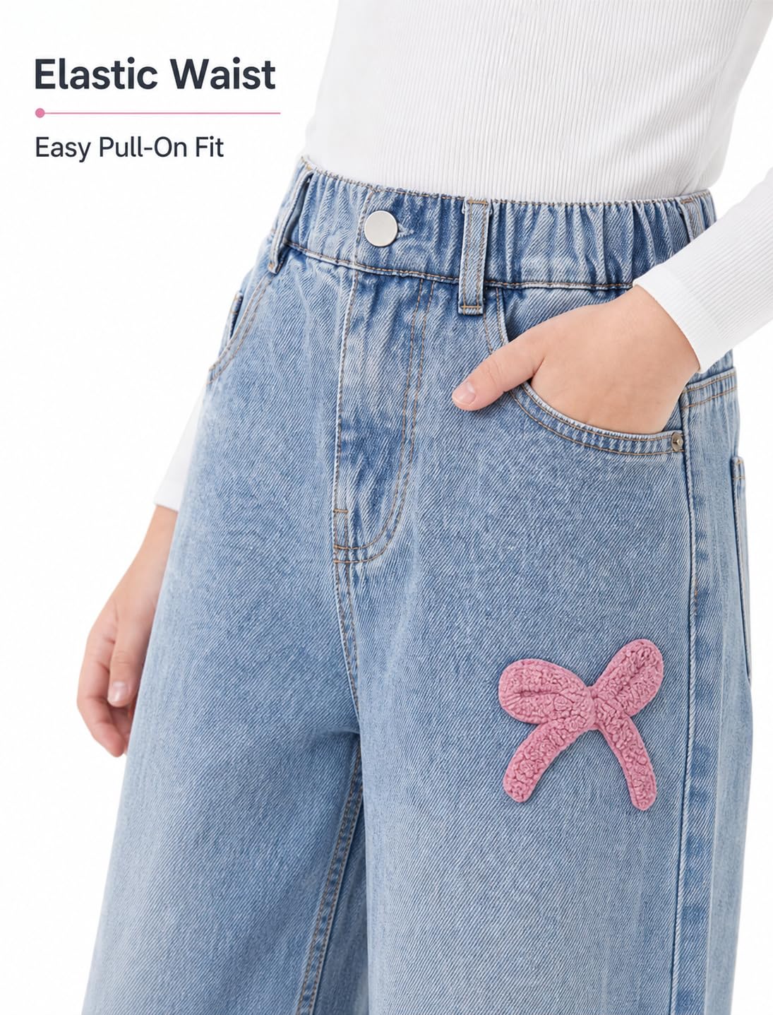 JiAmy Jeans larges pour filles avec nœud brodé pour enfants de 130 à 170 ans, 5 à 13 ans