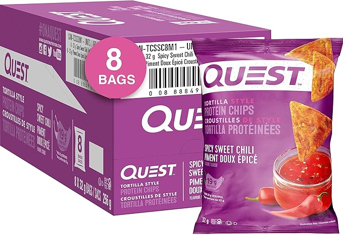 Quest Nutrition Spicy Sweet Chili Tortilla Style Protein Chips, High Protein, Baked, Not Fried, Gluten Free, 1g Sugar, 5g Carbs, 8ct