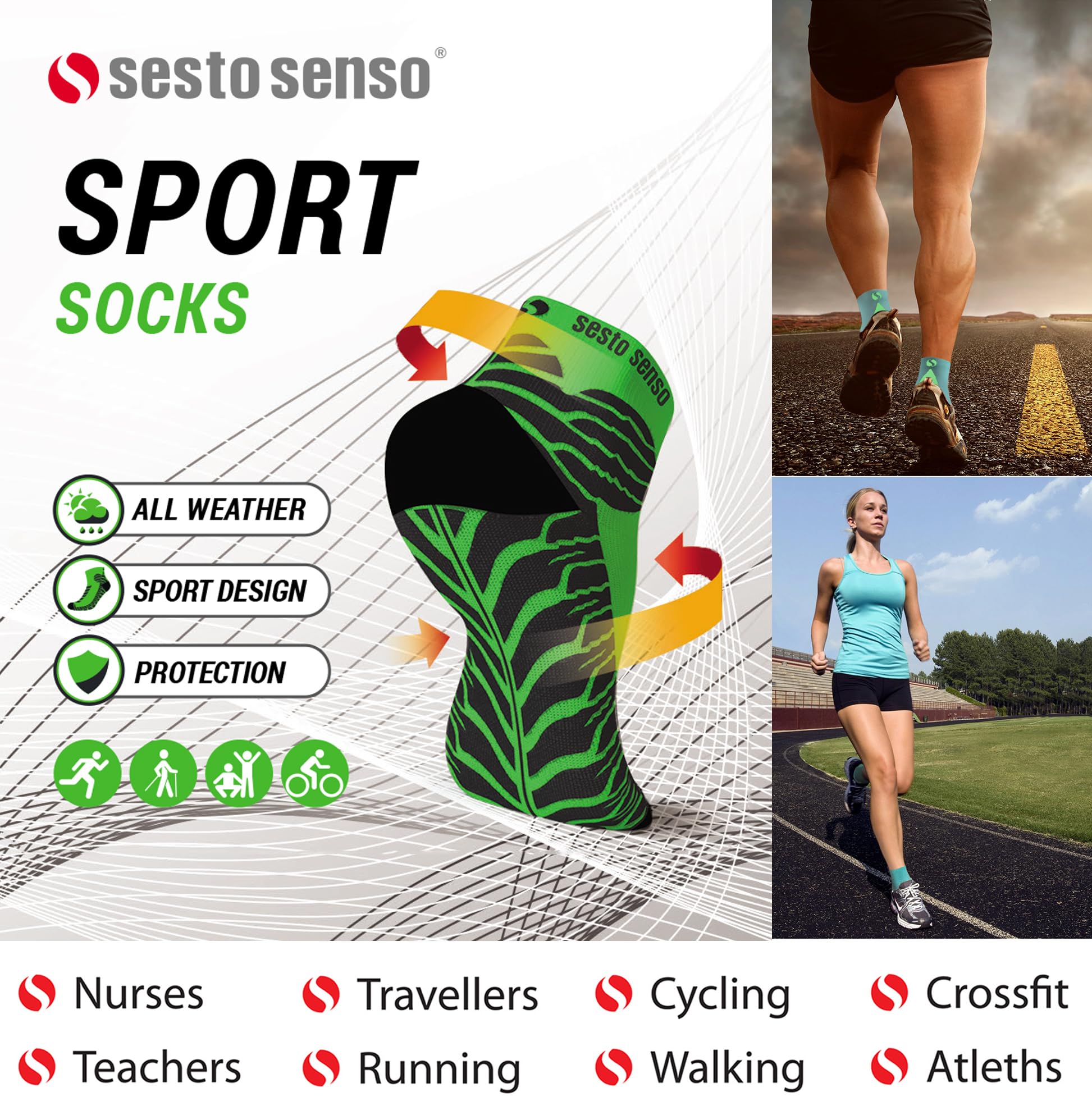 sesto senso Chaussettes Sport de Course Colorées Femme Homme Lot de 3-12 Paires