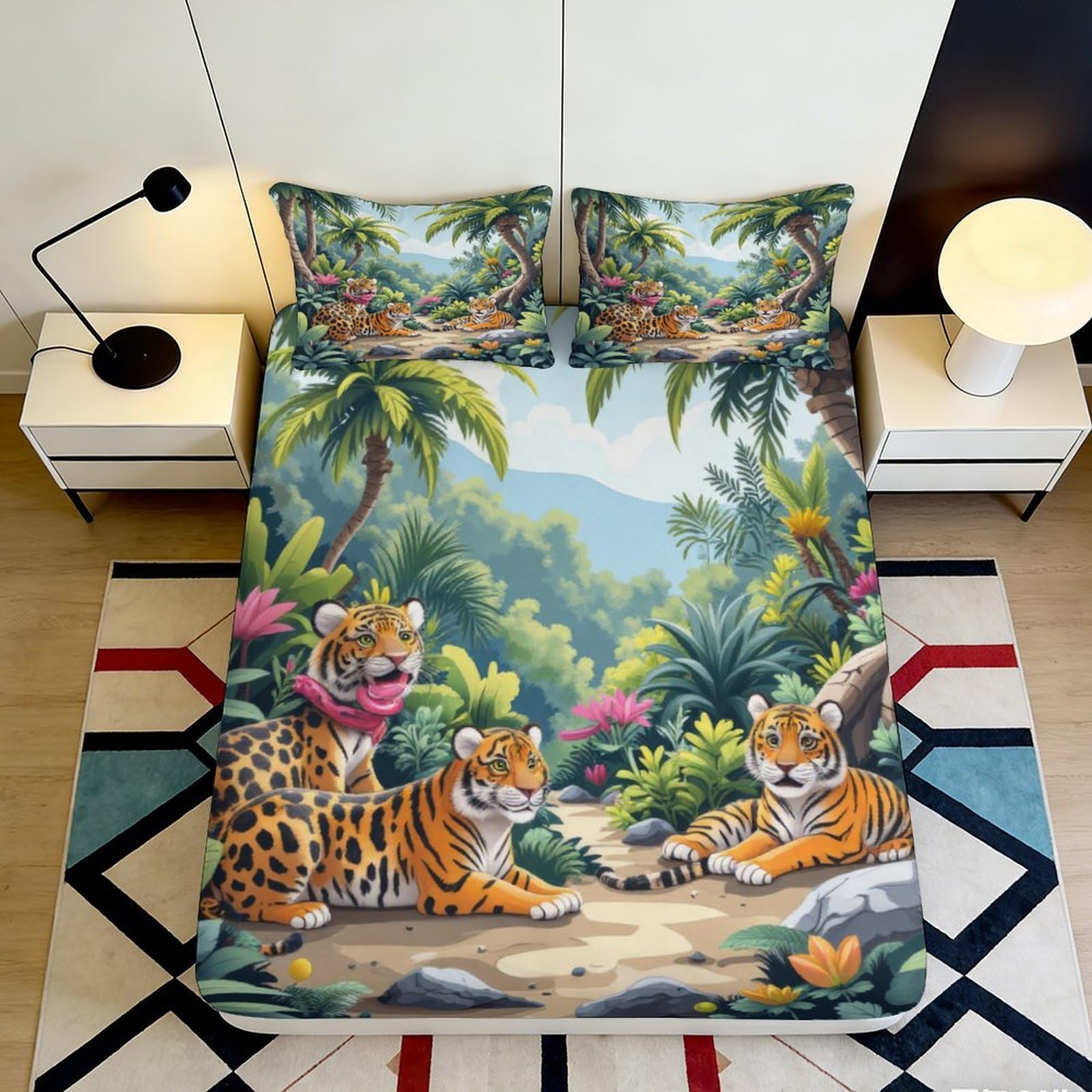 3D Printed Jungle Tiger Fitted Sheet Microfiber Soft Breathable Tropical Forest Mattress Cover for Bedroom Dorm Mattress Protection Decor 180x200x25cm