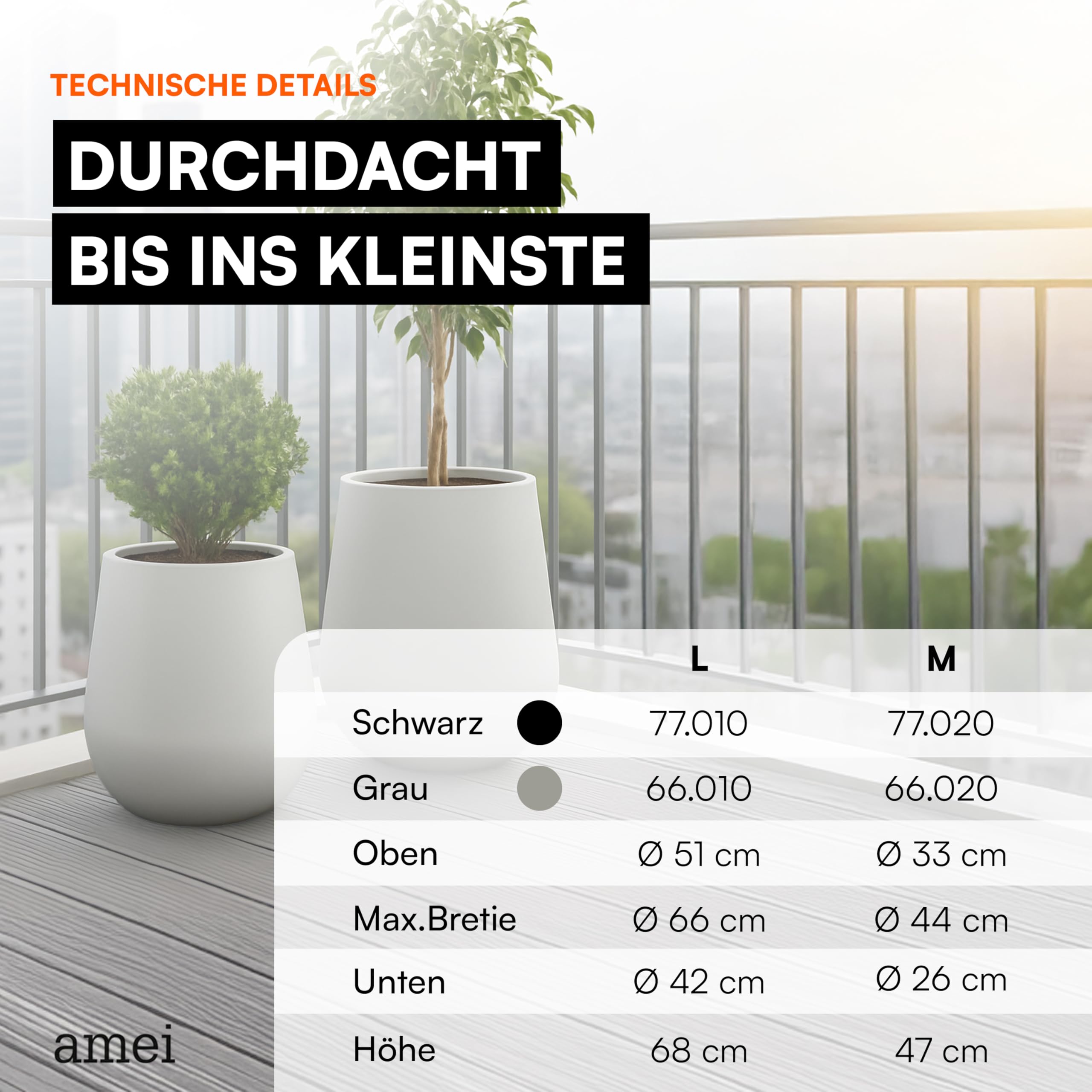 amei Der Bauchige Pflanzentopf Gross ⌀ 51 cm (Grau) – Blumen Kübel in edler Optik – Handgefertigter Pflanzen Kübel aus robustem Stonefiber – Witterungsbeständig und langlebig