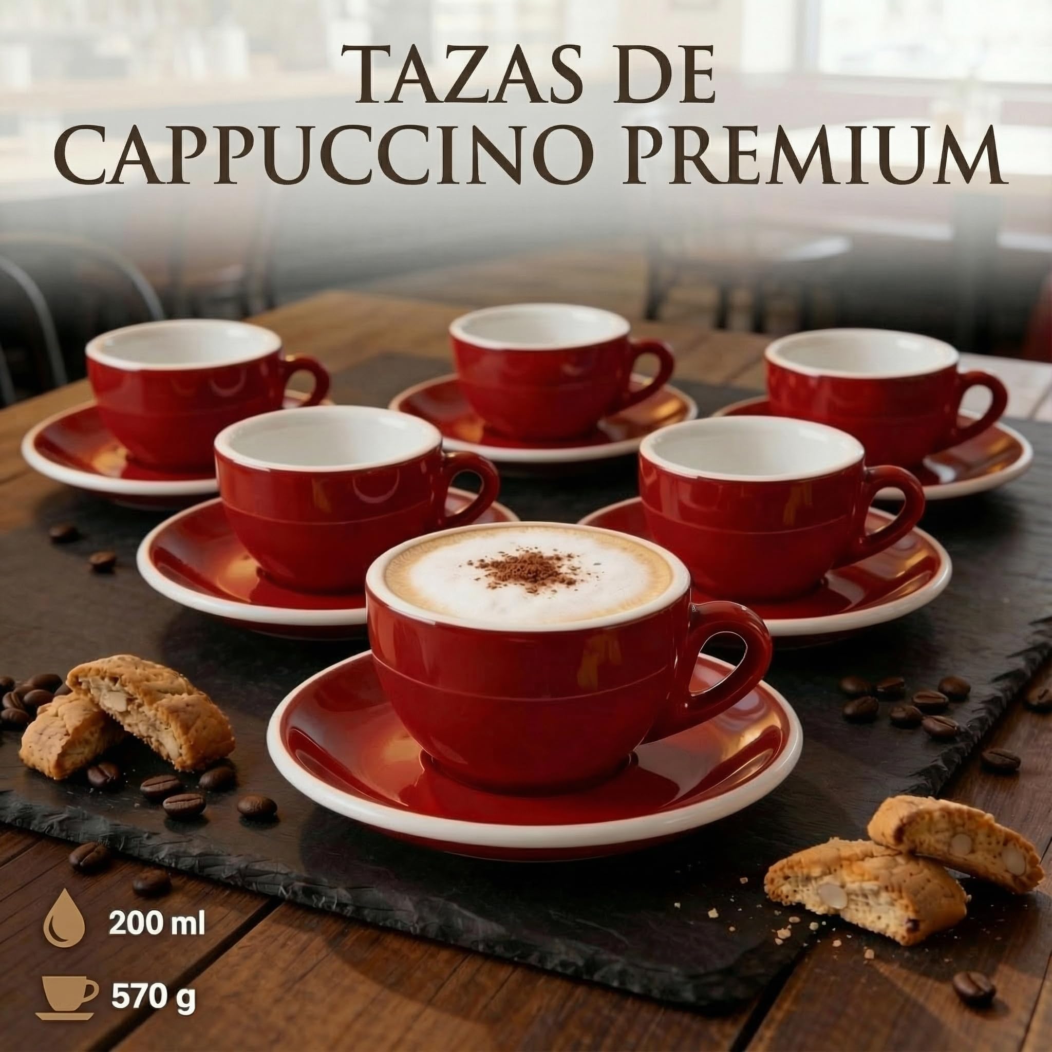 Juego de 6 tazas de Capuchino 200 ml | Rojo | Estilo italiano | Pared gruesa y pesada | Apto para lavavajillas - Caja regalo