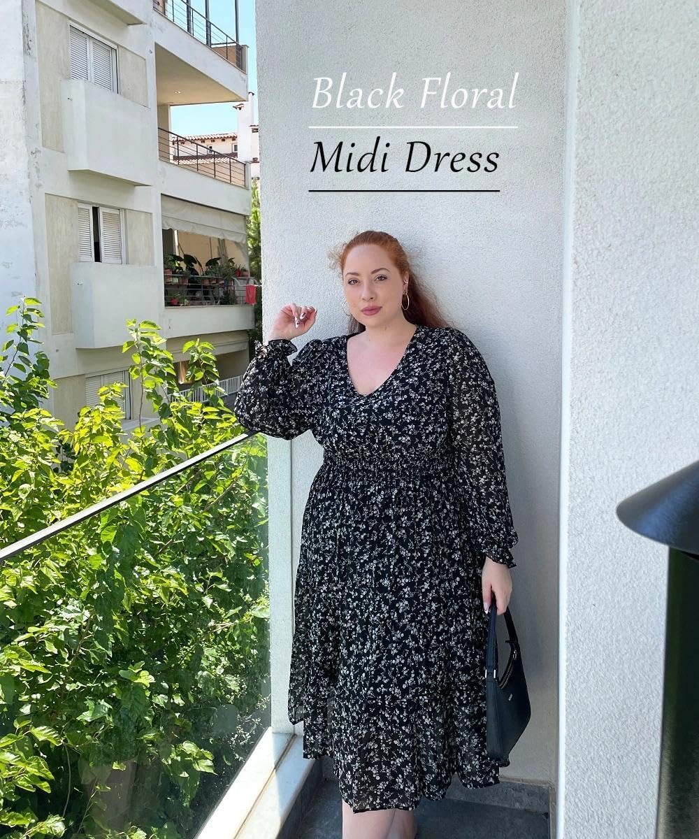 TIYOMI Plus Size Maxi Floral Dress for Women 2025 Long Sleeve V Neck Flowy Dress Empire Waist Wedding Guest Dresses - Image 3