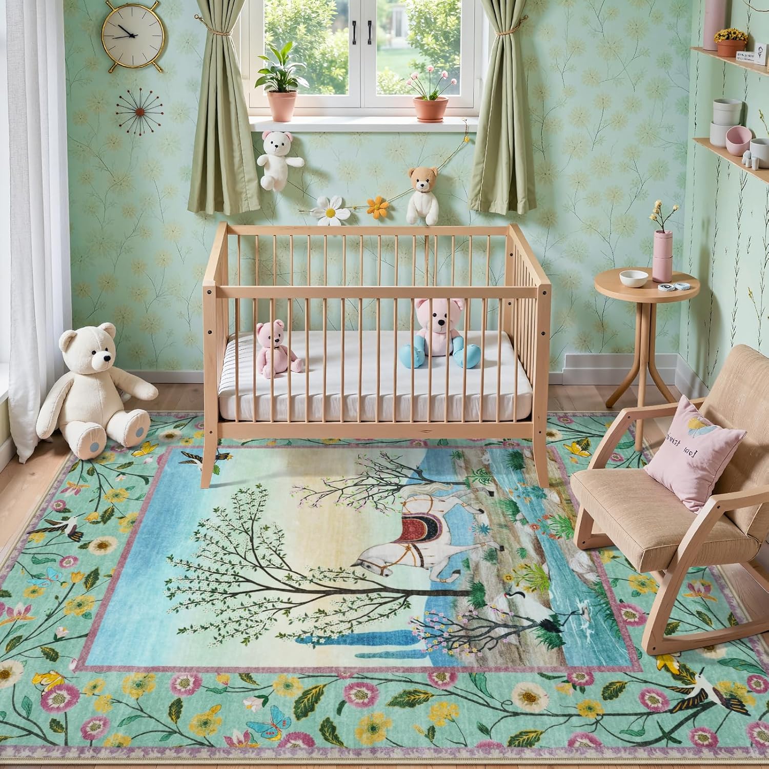 LIVEBOX Green Rug for Living Room Washable, 5x7 Horse Forest Floral Area Rug for Bedroom, Soft Non-Slip Woodland Rugs for Dining Room Playroom Nursery Home Decor (Green,5x7)
