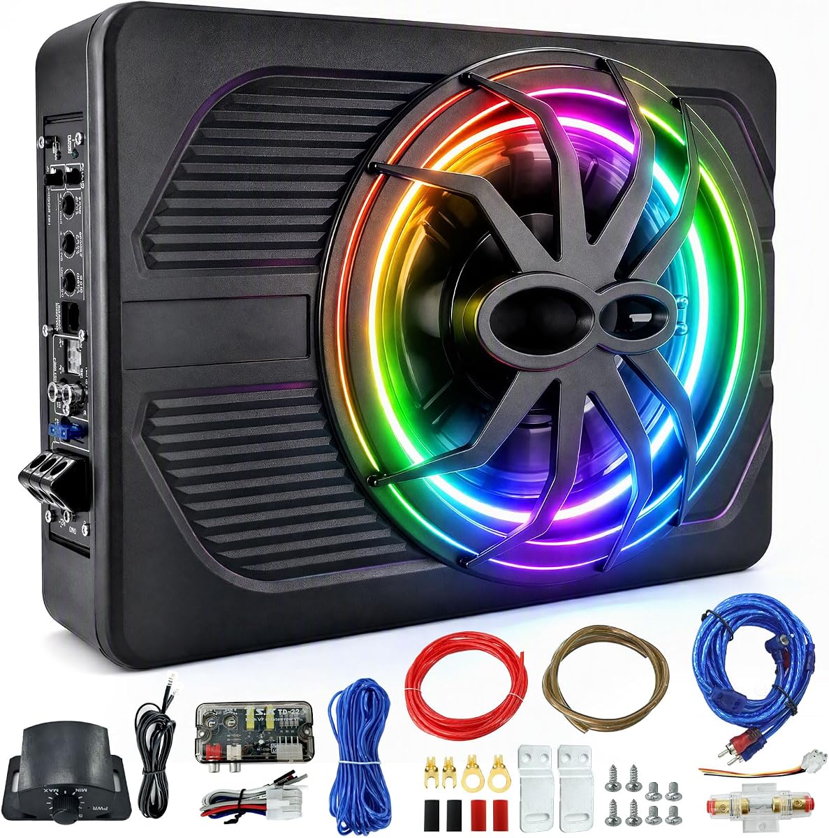 Subwoofers Debajo Del Asiento De 10"1200W Con Amplificador,Subwoofer Todo En Uno Y Paquete De Amplificador Con Luz RGB Y Enfriamiento Robusto,Control Individual Para Paso Bajo/Ganancia/Refuerzo De Graves,Graves Profundos Perfectos Para Auto/Camioneta/SUV/Jeep/MPV