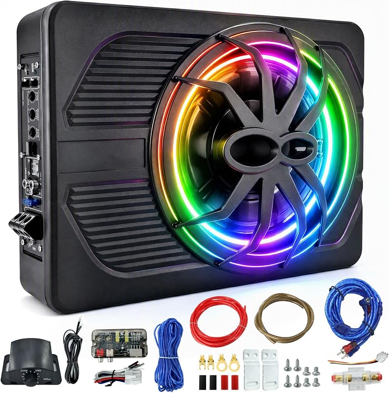 Subwoofers Debajo Del Asiento De 10"1200W Con Amplificador,Subwoofer Todo En Uno Y Paquete De Amplificador Con Luz RGB Y Enfriamiento Robusto,Control Individual Para Paso Bajo/Ganancia/Refuerzo De Graves,Graves Profundos Perfectos Para Auto/Camioneta/SUV/Jeep/MPV