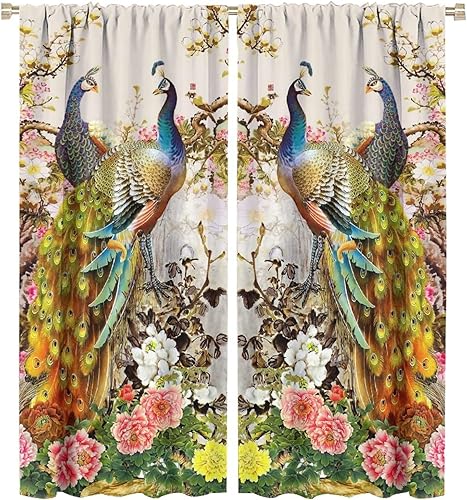 Miniatura 229 de Cortina opaca con estampado de pavo real, con estampado de animales retro, con bolsillo para cortinero y flores de peonía doradas, para dormitorio,