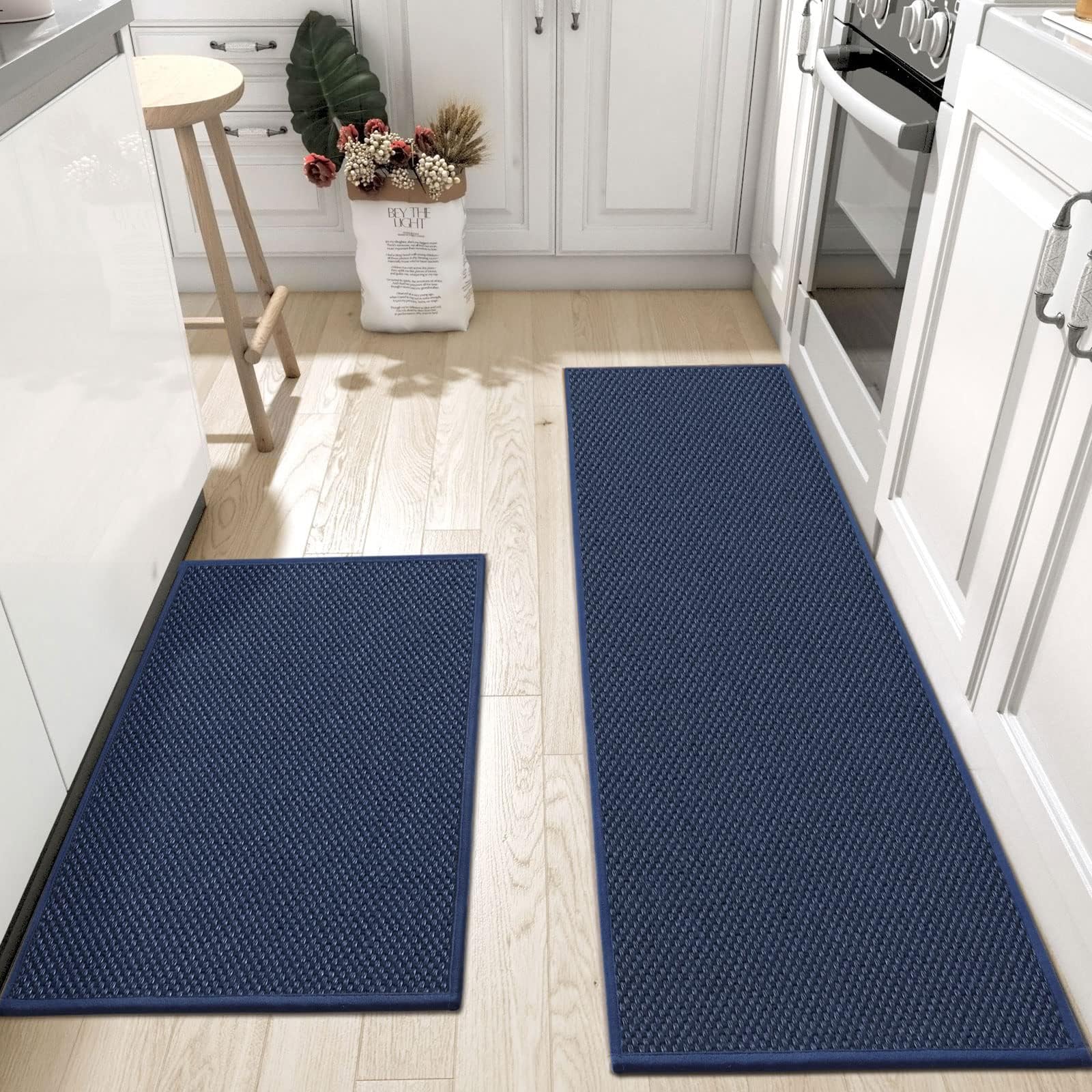 DEXIKitchen Rugs and Mats Non Slip Washable, Absorbent Thin Kitchen Mats, Woven Kitchen Runner Rug, Kitchen Floor Mats for Front of Sink, Laundry Room, Hallway, 17"x29"+17"x59", Navy