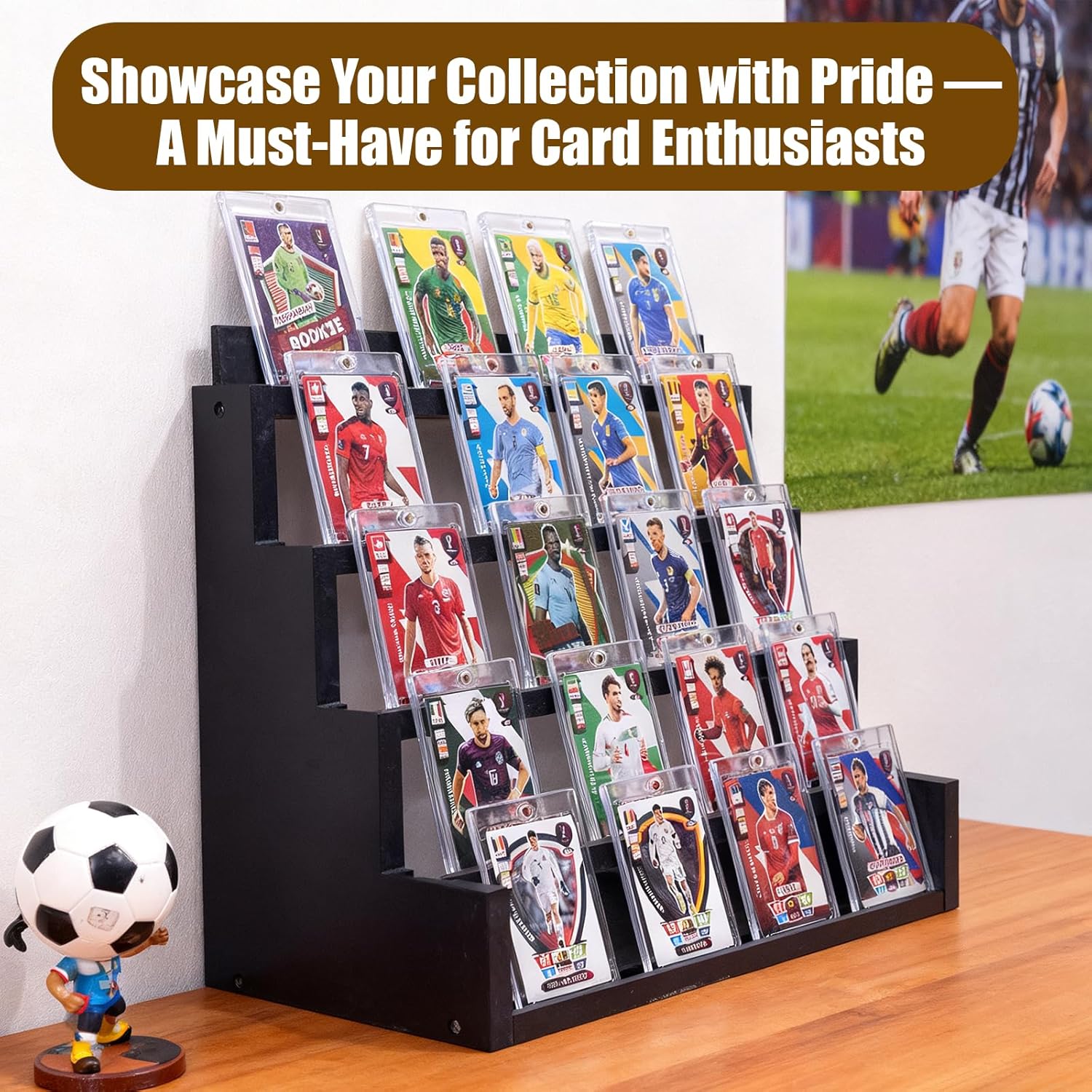 Card Display Stand，5-Tier Black Wooden Graded Card Display Rack，Wooden Trading Card Display，Desktop Showcase for Sports & Pokemon Cards