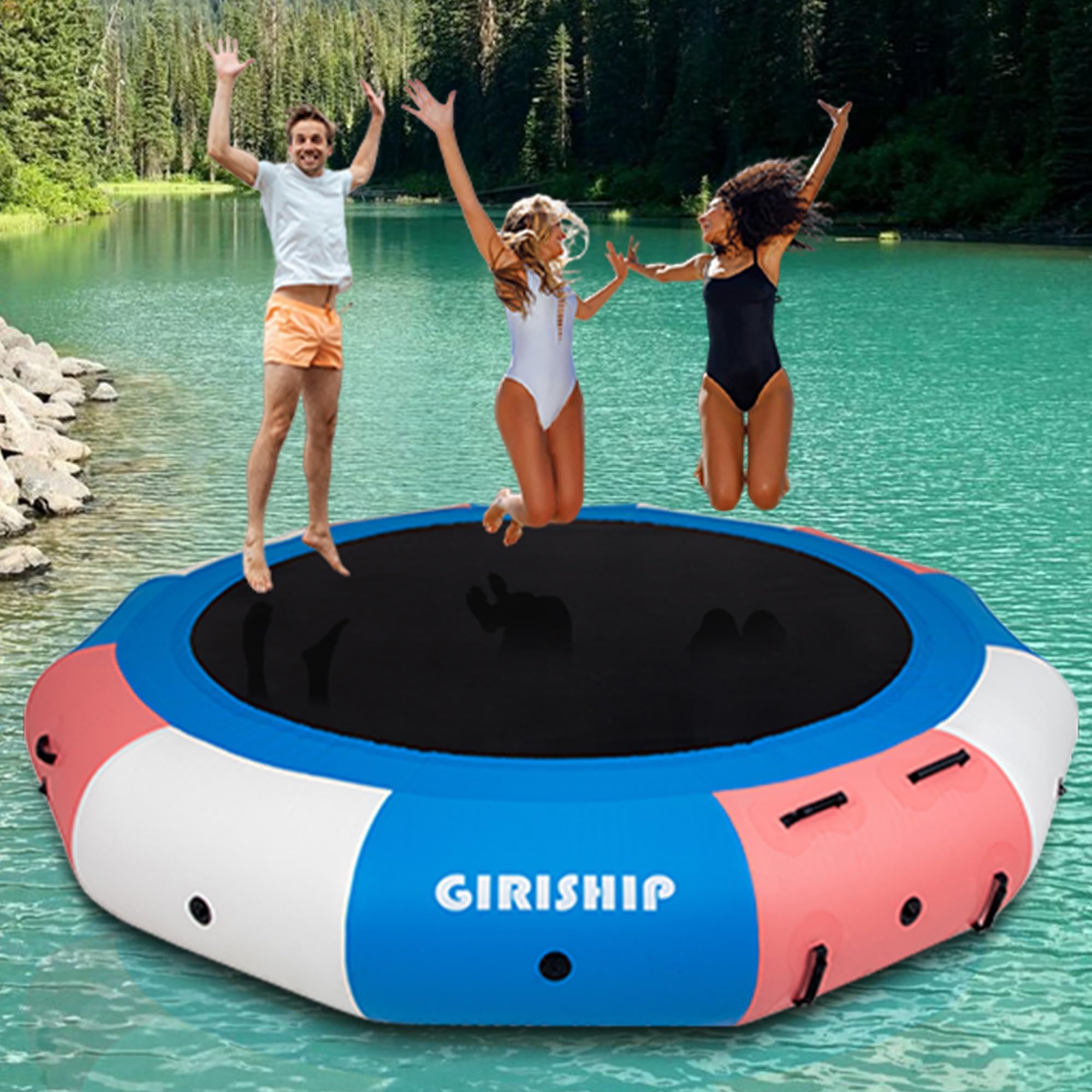 Inflatable Water Trampoline, 12/15FT Floating Lake Trampoline for Adults Portable Bounce Swim Platform for Lake, Pools with Pump and Rope Ladder