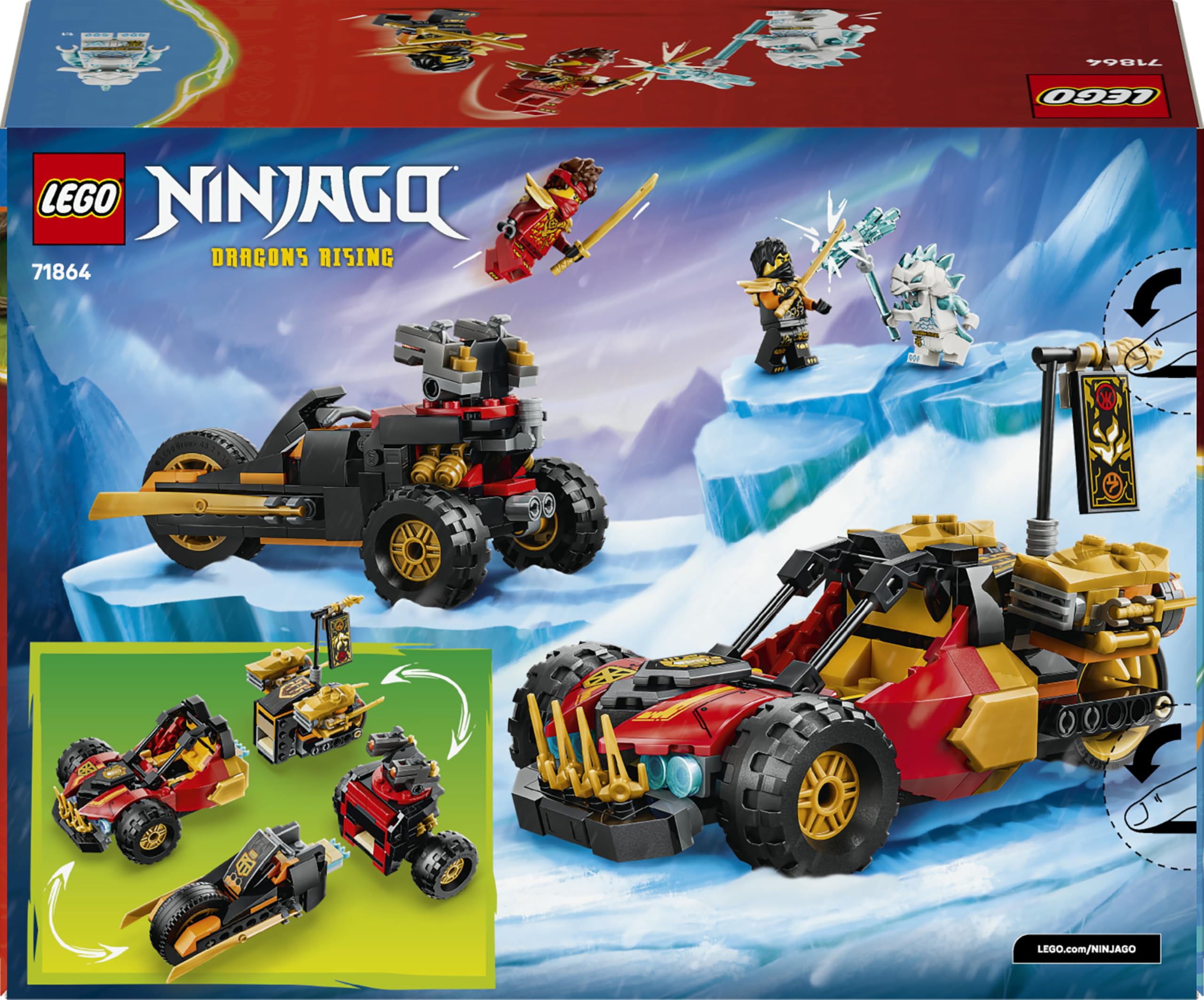 LEGO NINJAGO Kais und Coles Kombi-Flitzer - Ninja Spielzeug mit Auto, Motorrad, 3 Minifiguren inkl. Kai & Cole mit Katanas - Geschenkidee für Jungen ab 7 Jahren und Dragons Rising Fans - 71864