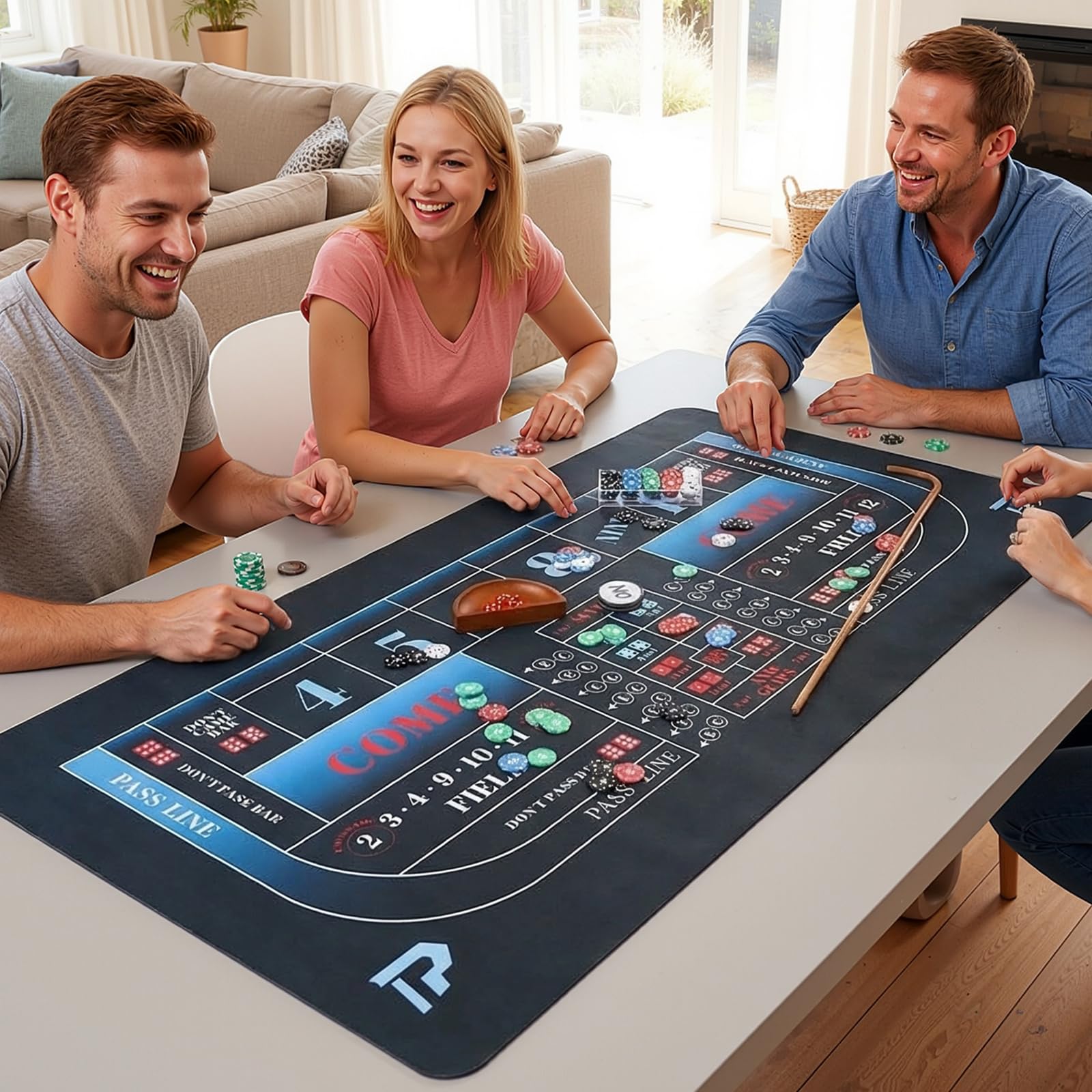 Craps Tischspiel-Set mit 88,9 x 177,8 cm großen Gummi-Matte, 91,4 cm Rattan-Stab, 19 mm Würfel, Ein-/Aus-Taste und 100 Chips, Craps-Spiel-Layout für Party