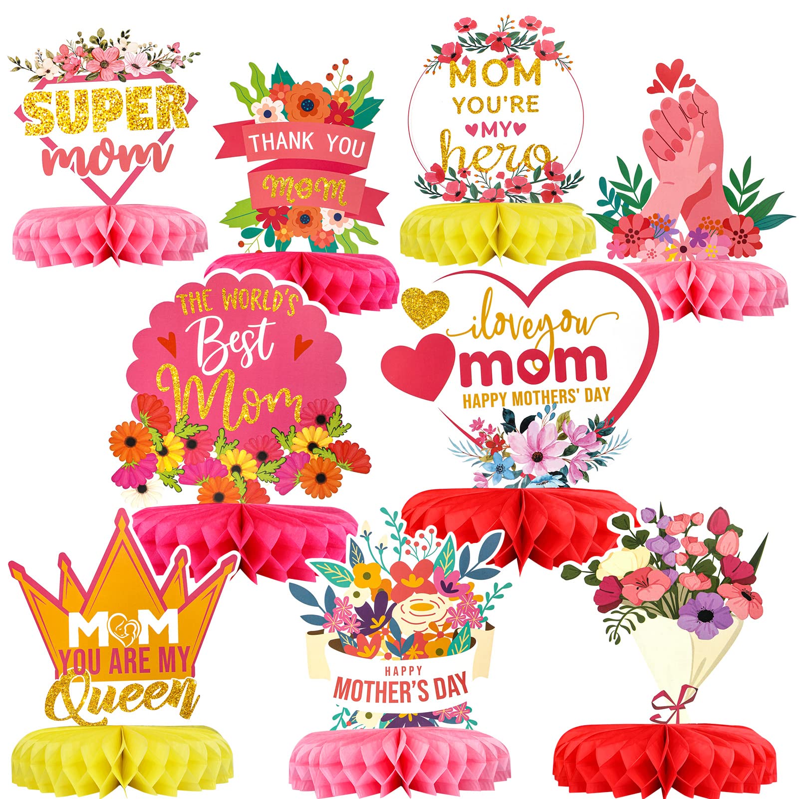 HOWAF 9 Pieces Mother's Day Party Decorations Colorful Glittery Honeycomb Centerpieces, Thank You Mom Floral Table Toppers Table Centerpieces for Mom's Birthday Happy Mother's Day Photo Props