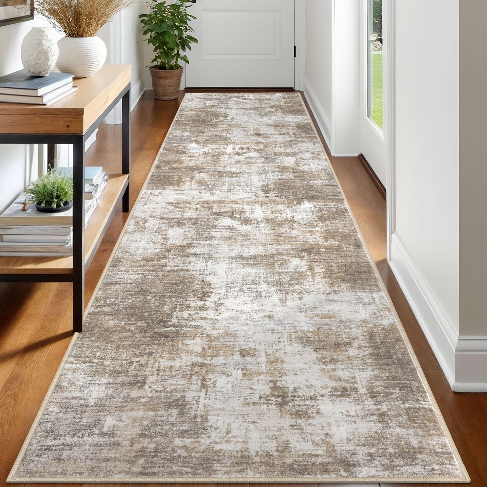 IOHOUZE Abstract Runner Rug 3x12 Ft Washable Runners for Hallways, Non Slip Kitchen Runner Printed Faux Wool Entryway Runner Indoor, Modern Abstract