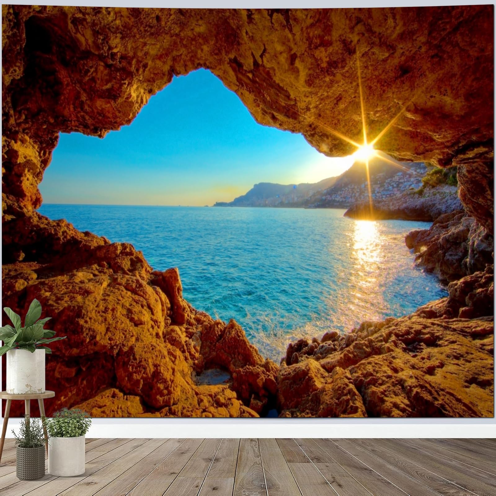 Calefee Arazzi da Parete Camera da Letto 150x130, Arazzo Grotta Tramonto Sul Mare Natura, Decorazione Murale per Soggiorno