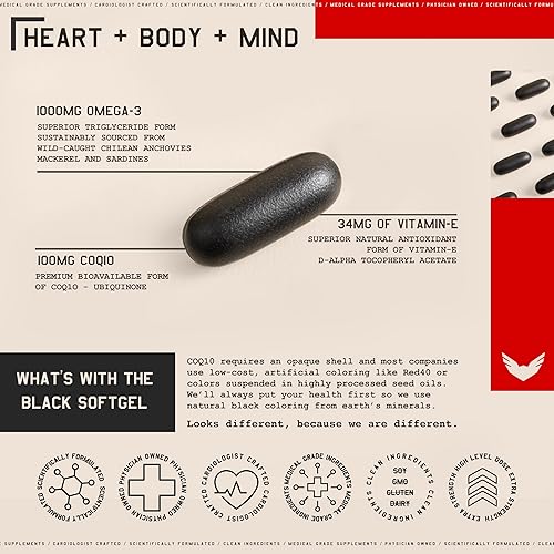 Miniatura 7 de High Level Science CoQ10, Omega-3, Vitamina E, Cardiólogo formulado para el corazón, cuerpo + salud mental, DHAEPA, antioxidante para la energía