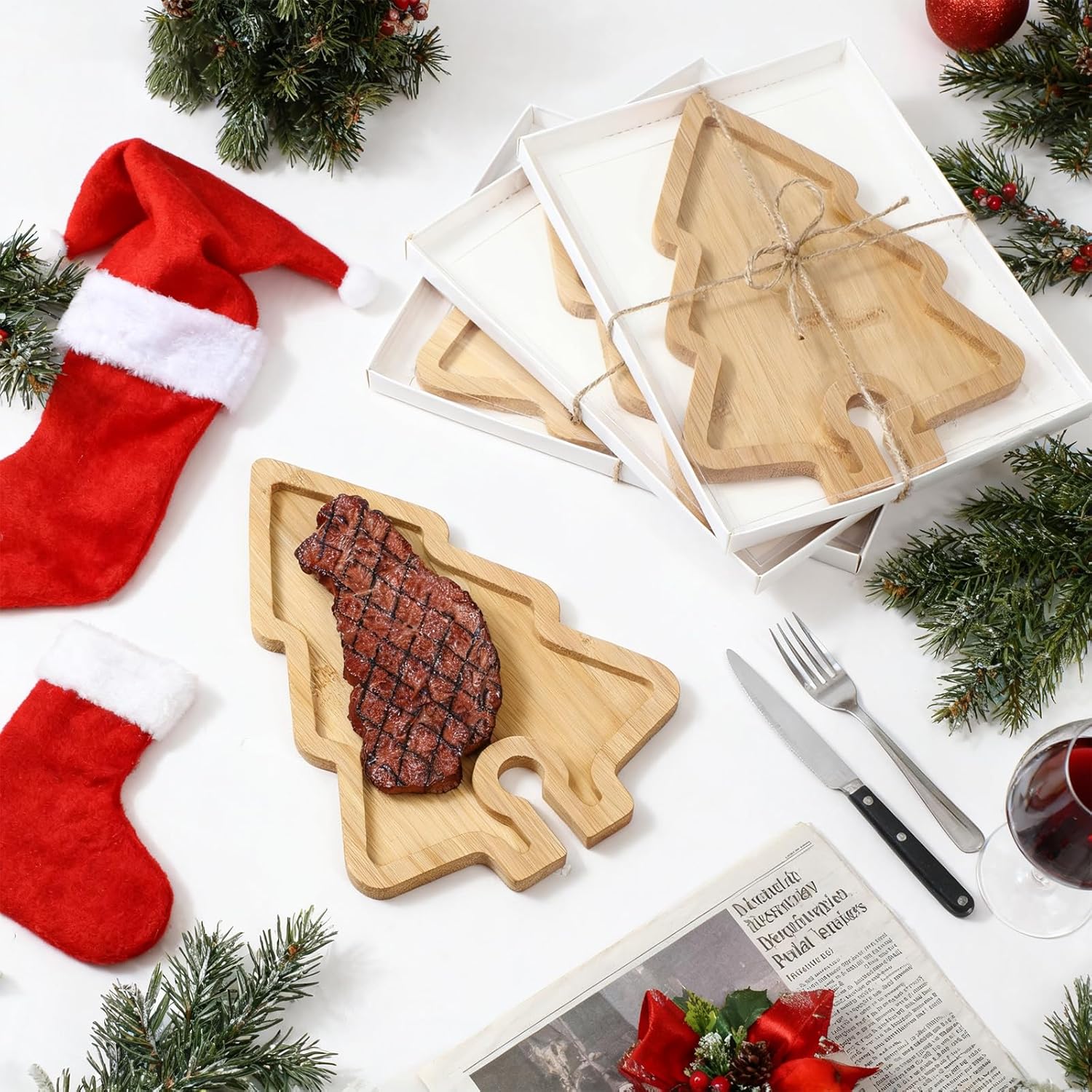 Roshtia 6 Set Christmas Wine Appetizer Plates Wood Bamboo Mini Charcuterie Boards with Wine Glass Holder and Box Gifts Cheese Board for Xmas Holiday Housewarming Party Gifts (Christmas Tree)