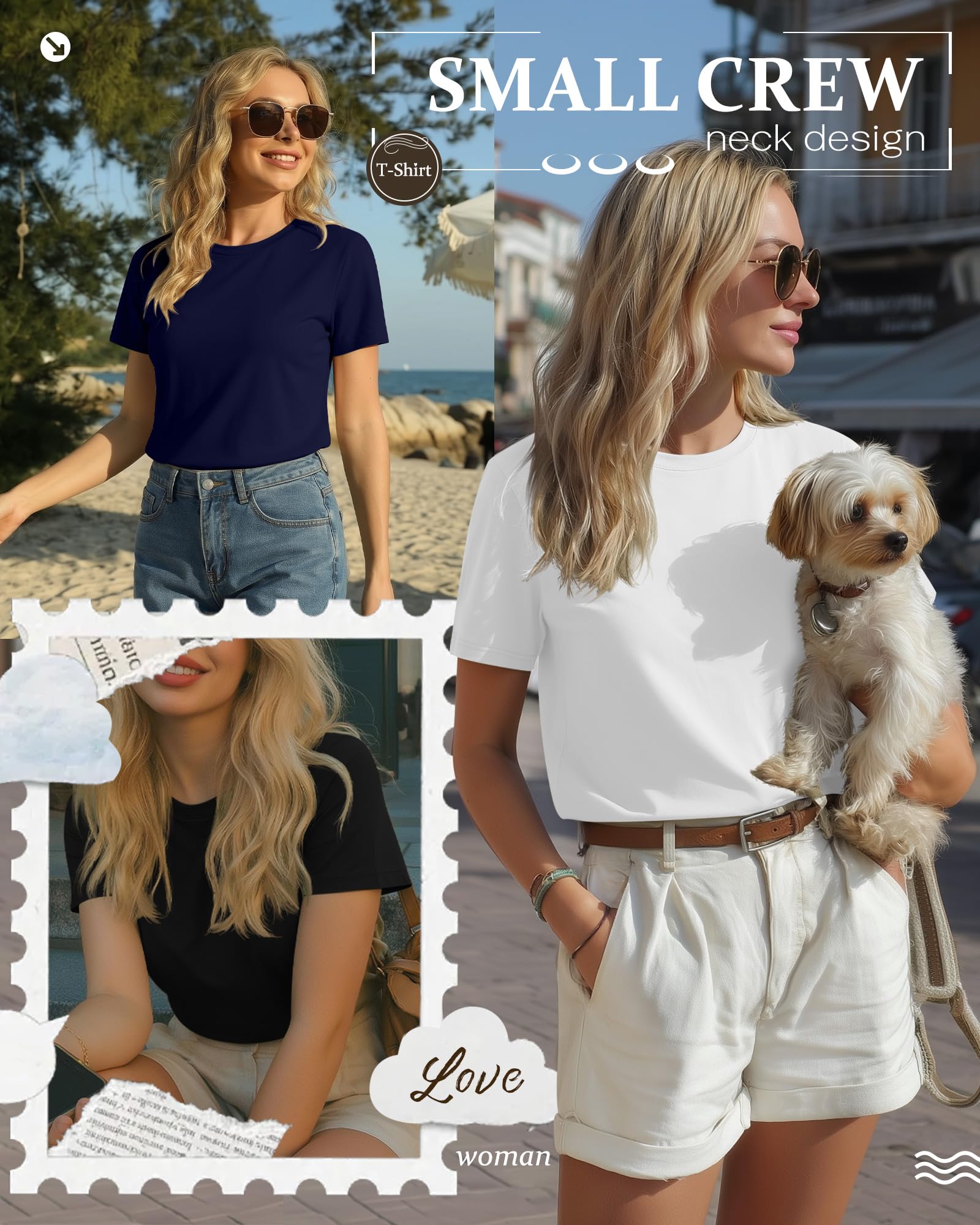 Neer Paquete de 4 camisetas de cuello redondo para mujer, de manga corta, casuales, básicas, holgadas, con dobladillo plano
