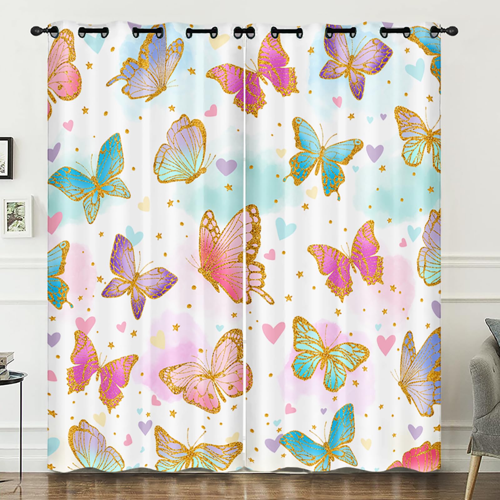 Axolotl Rainbow Butterfly Curtains, Gradient Pink Golden Butterflies Window Drapes for Women, 3D Butterfly Curtains for Adults Bedroom Decor, Glitter