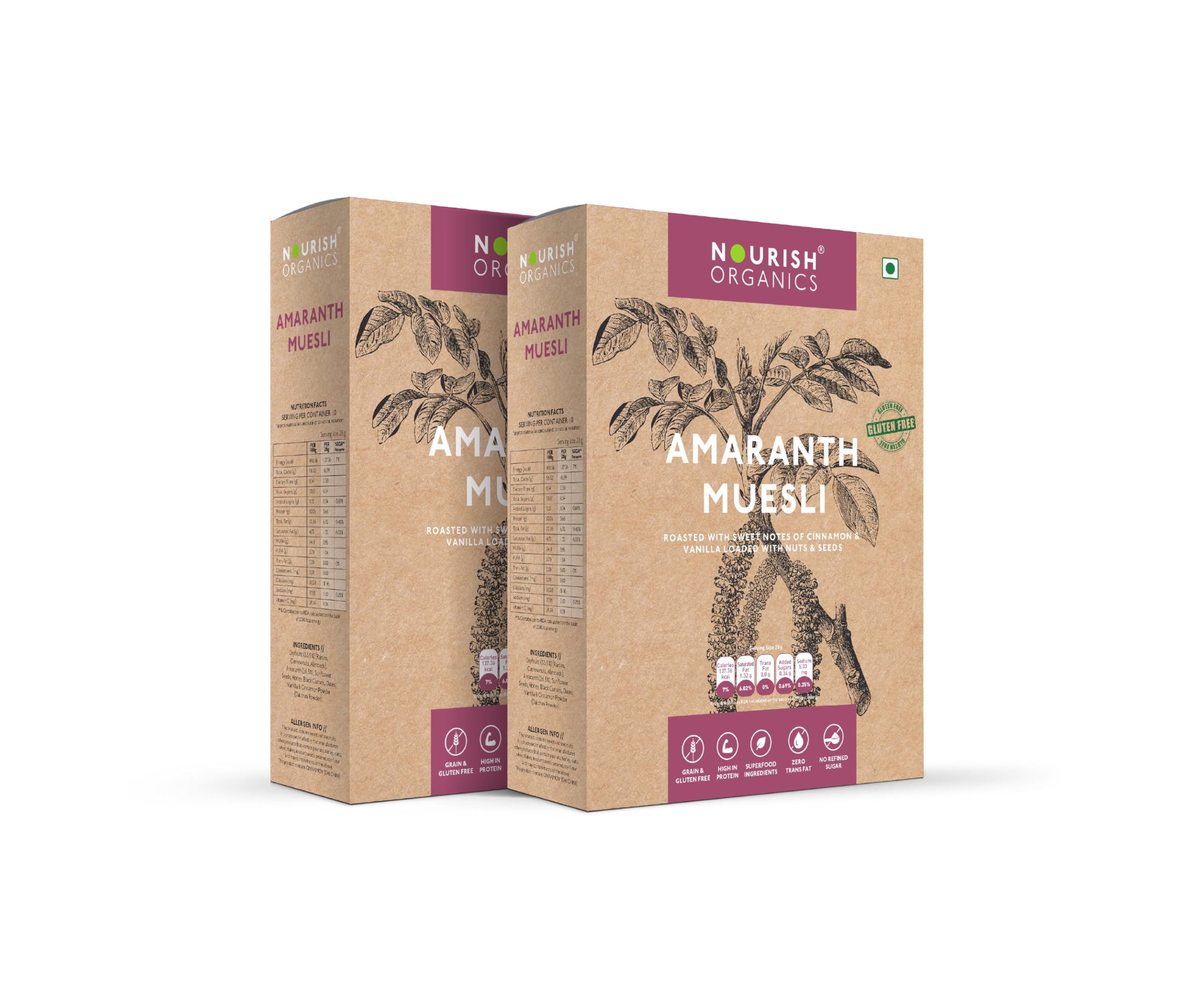 Nourish Organics Amaranth Muesli 280g each Pack of 2 | Healthy and Nutritious Breakfast Cereals with Whole Nuts | No Refined Sugar | Clean Label-image-35